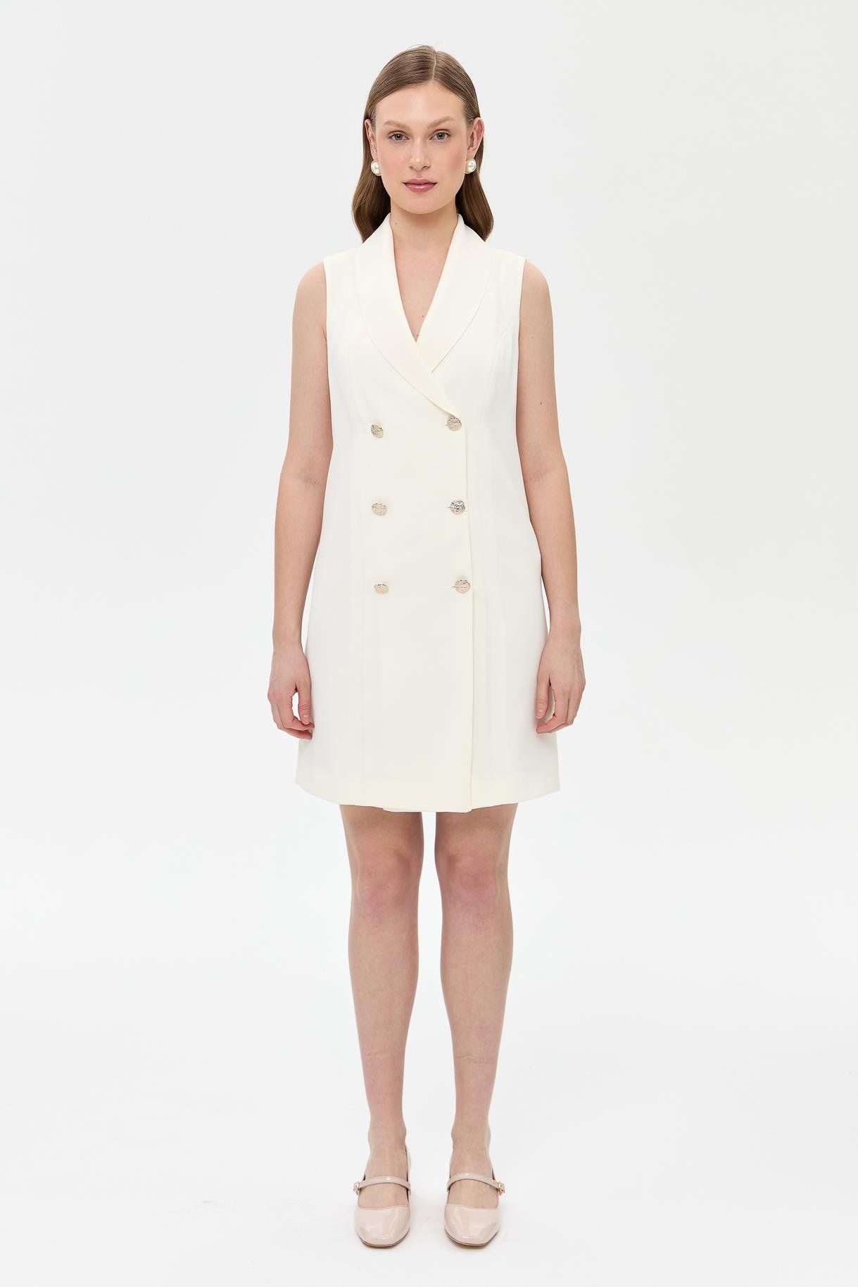 Kruvaze Yaka Kolsuz Krep Elbise-KEMIK