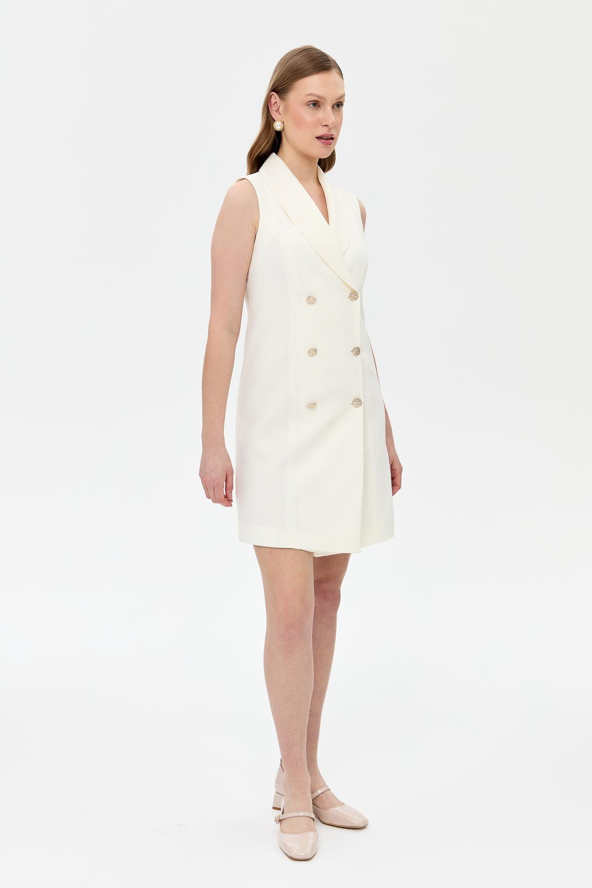 Kruvaze Yaka Kolsuz Krep Elbise-KEMIK