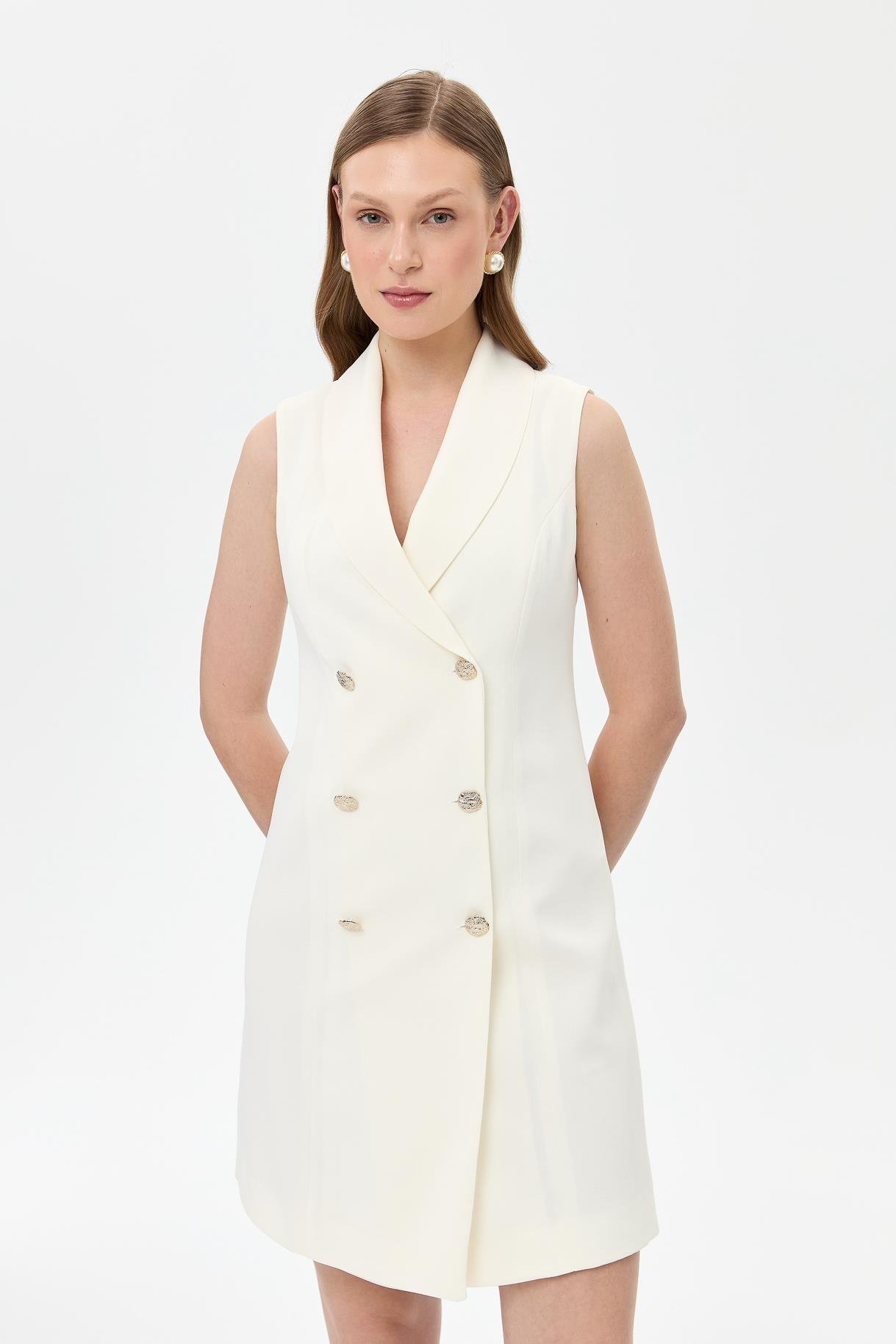 Kruvaze Yaka Kolsuz Krep Elbise-KEMIK