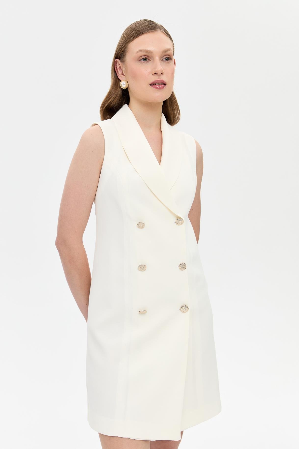 Kruvaze Yaka Kolsuz Krep Elbise-KEMIK