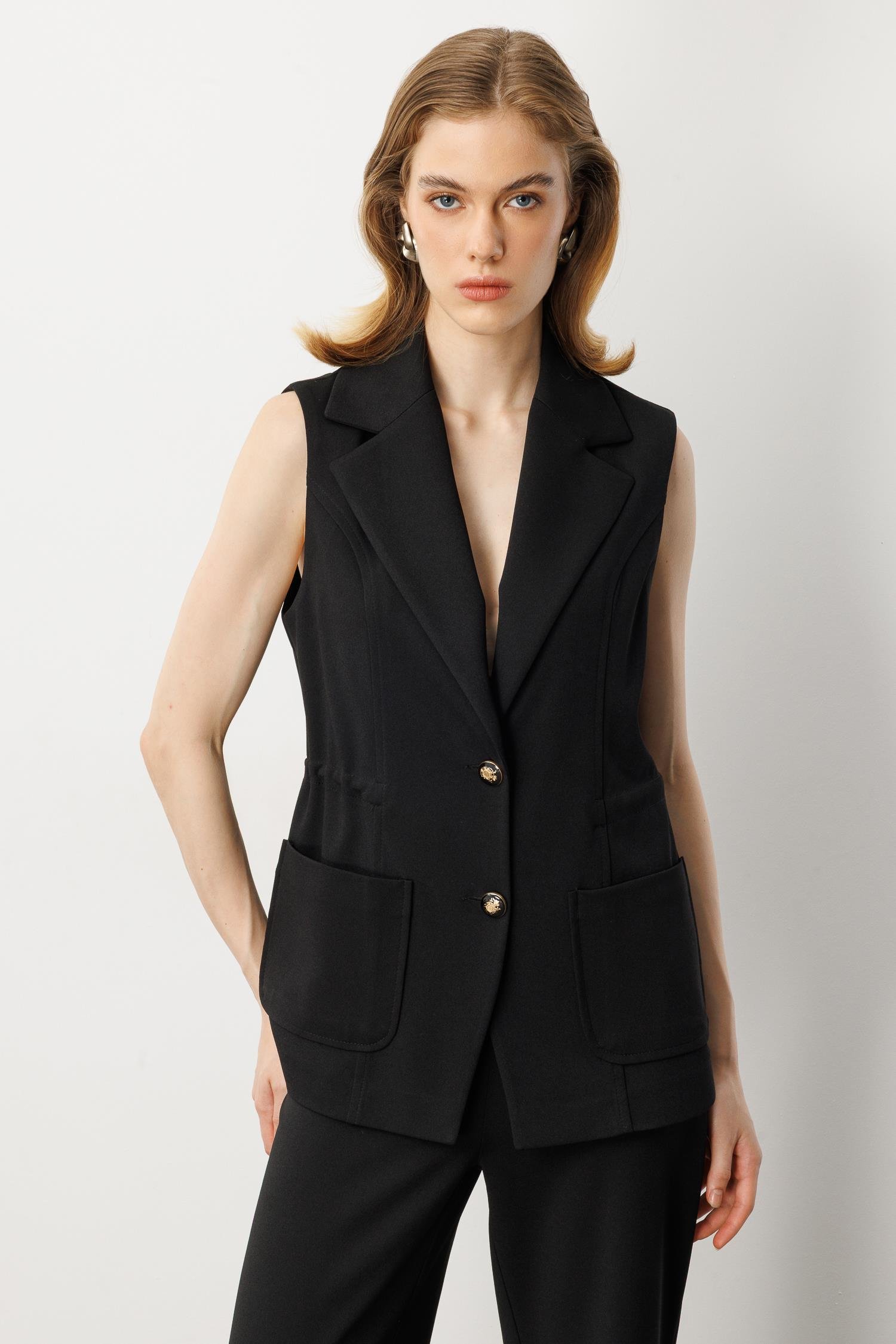 Kruvaze Yaka Krep Yelek-SİYAH