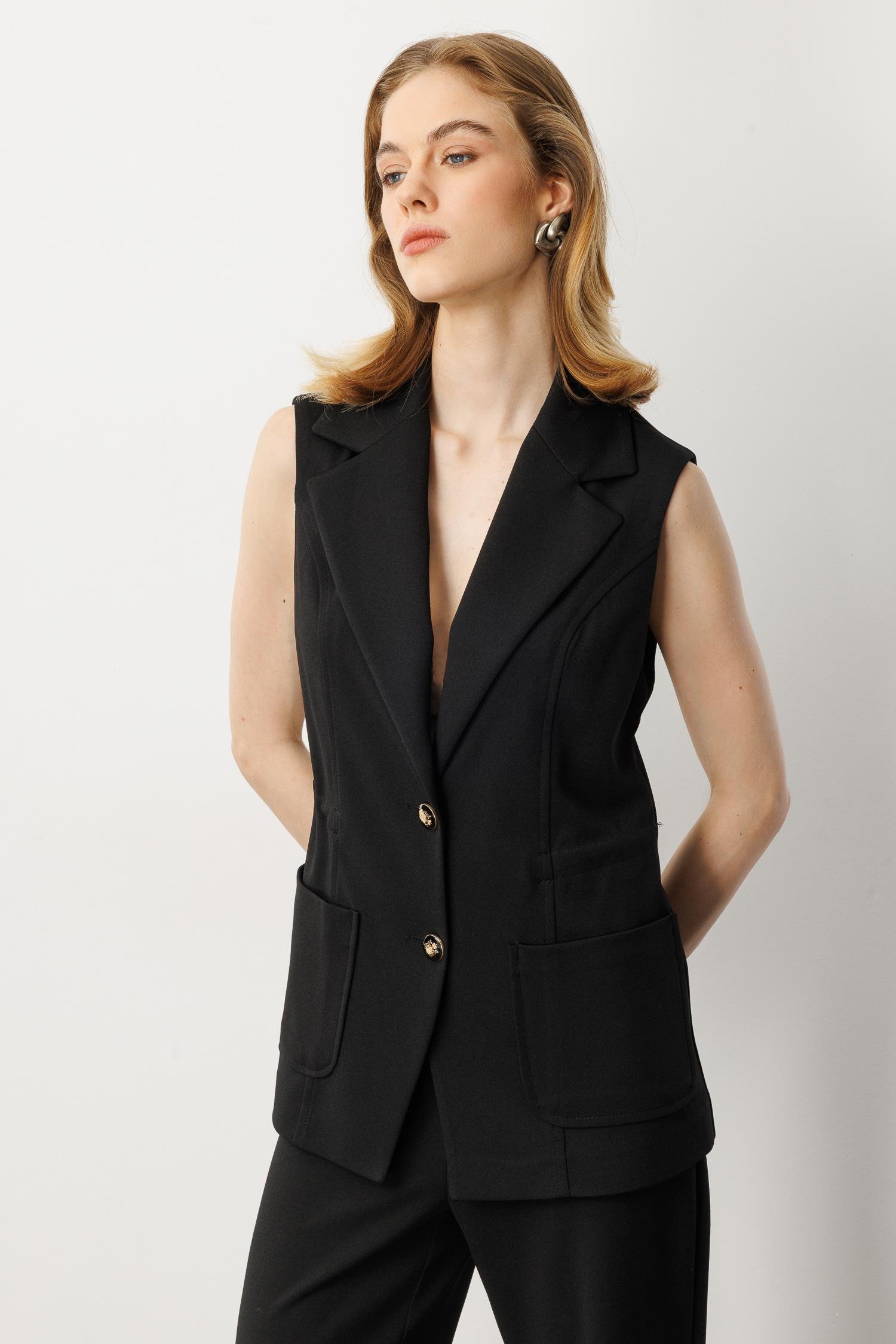 Kruvaze Yaka Krep Yelek-SİYAH