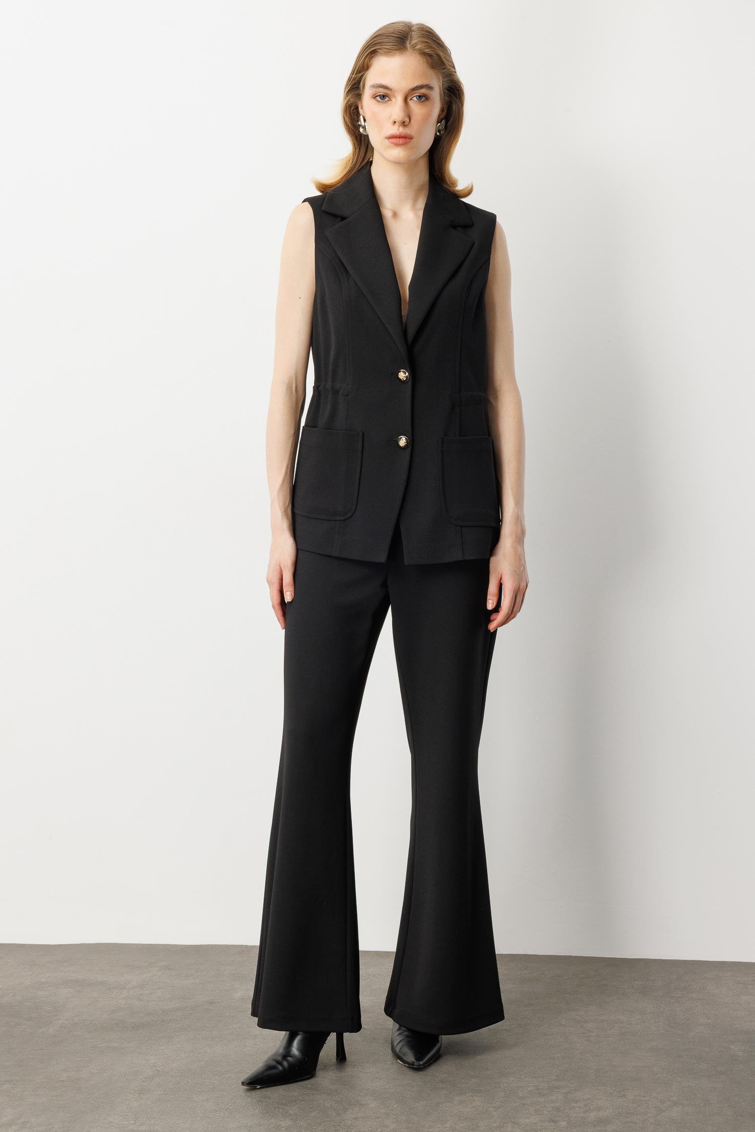 Kruvaze Yaka Krep Yelek-SİYAH