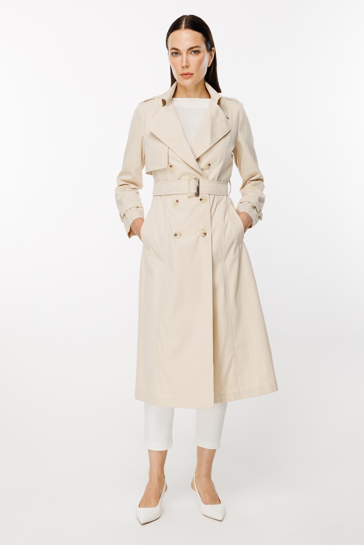 Kruvaze Yaka Kuşaklı Trençkot-BEJ