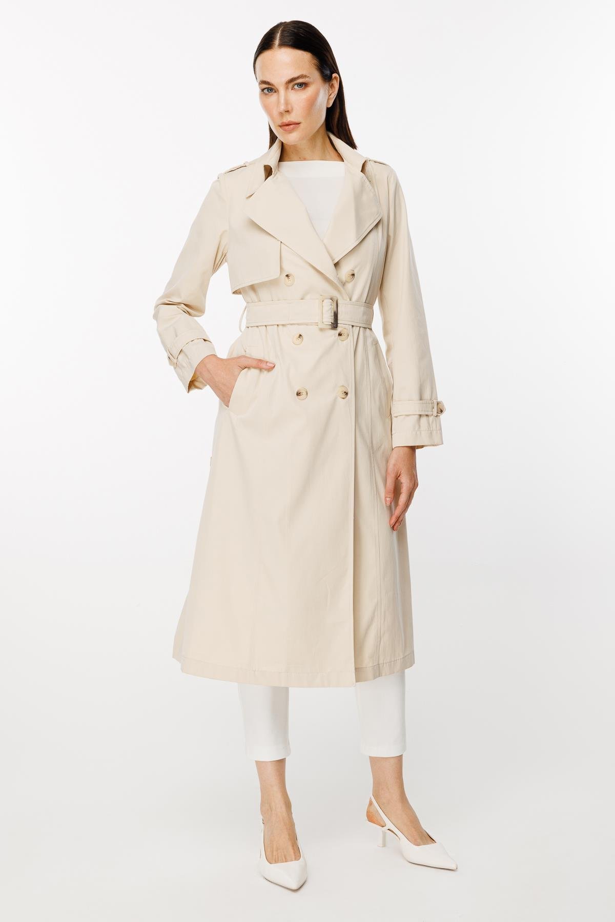 Kruvaze Yaka Kuşaklı Trençkot-BEJ