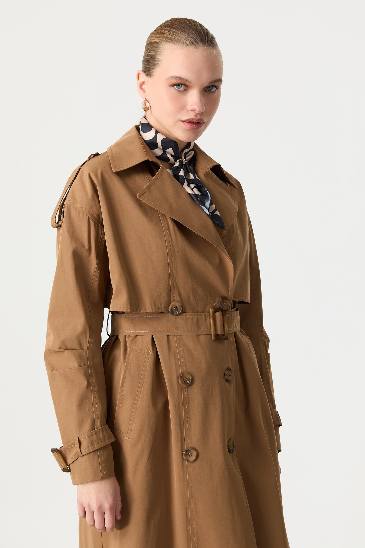 Kruvaze Yaka Uzun Kaşe Kaban-CAMEL