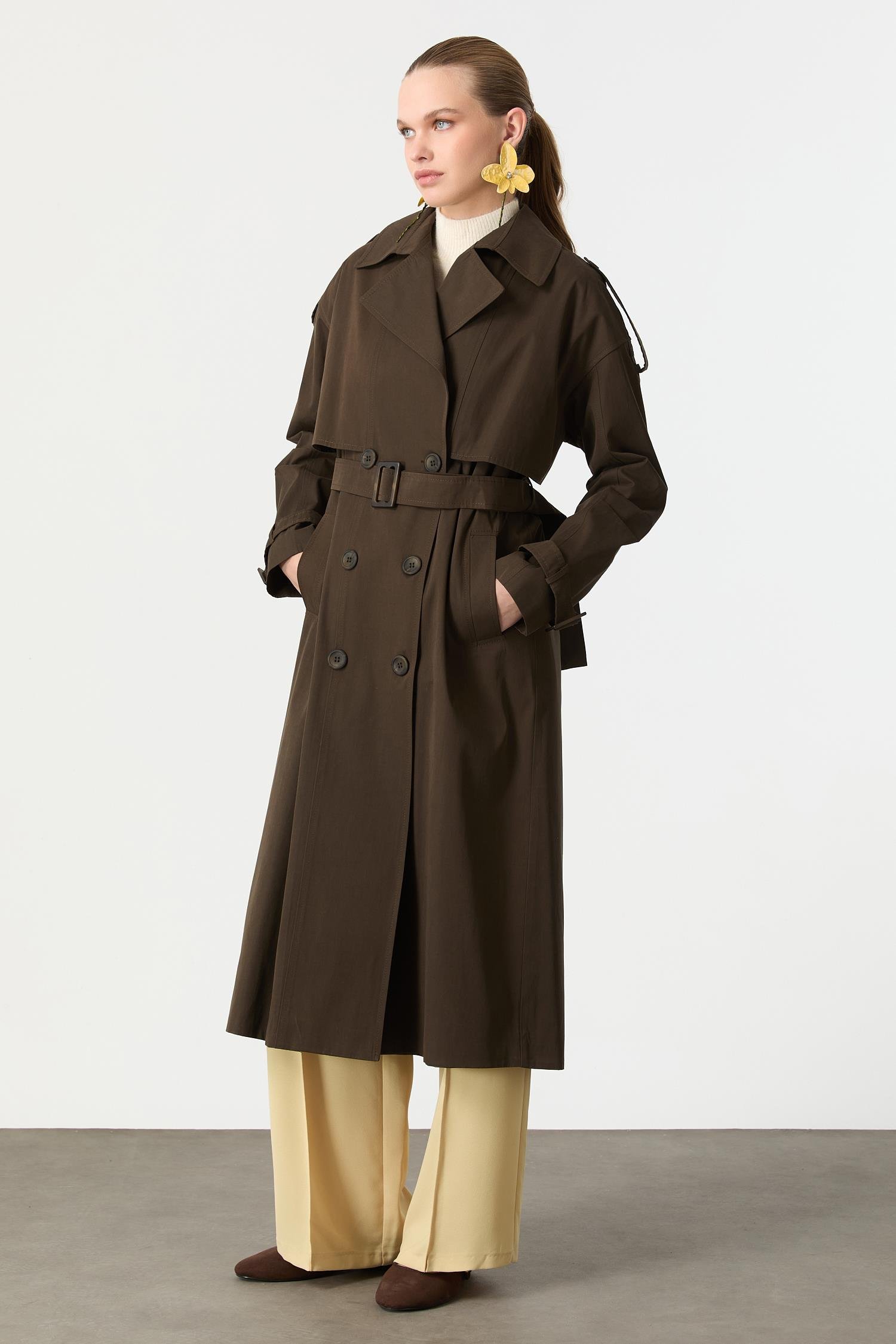 Kruvaze Yaka Uzun Kaşe Kaban-HAKİ