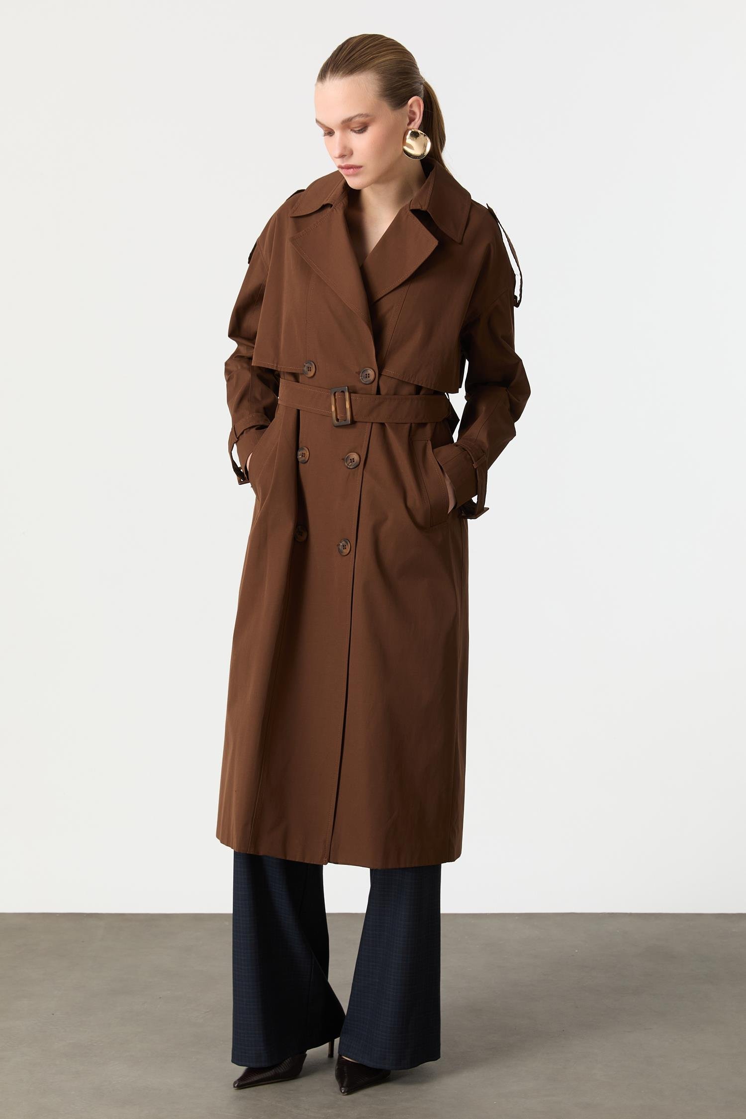 Kruvaze Yaka Uzun Kaşe Kaban-KAHVE