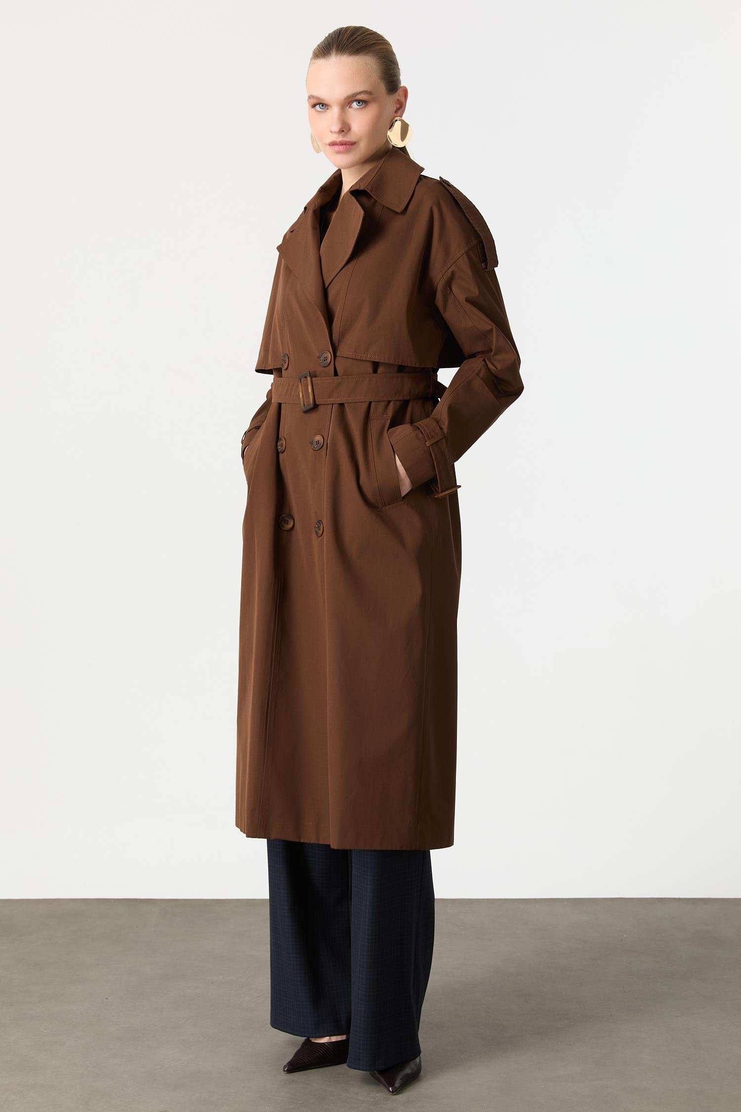 Kruvaze Yaka Uzun Kaşe Kaban-KAHVE