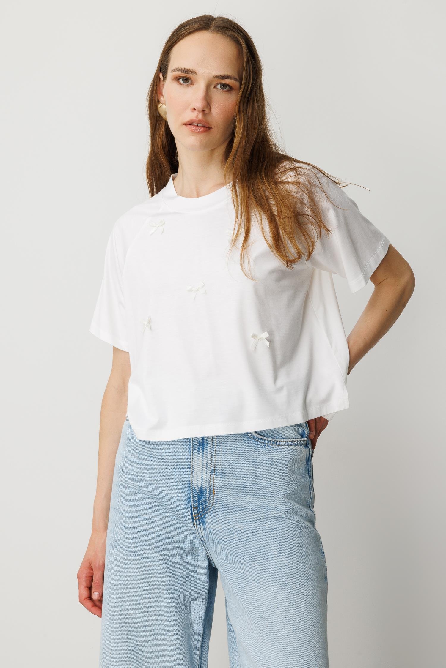 Kurdela Detaylı Penye Tişört-KEMIK