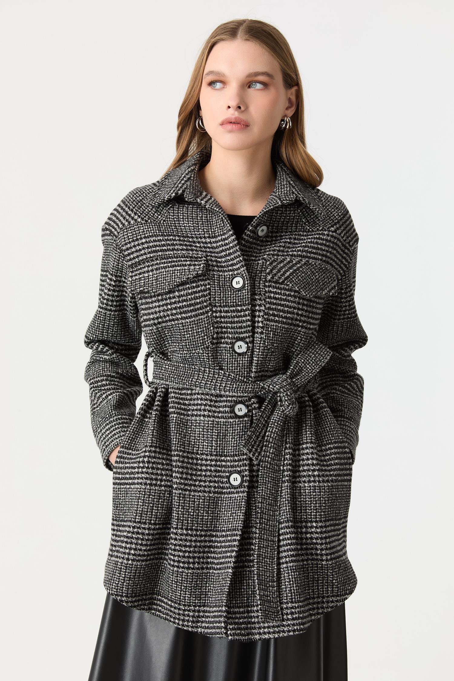 Kuşak Detaylı Ekose Ceket-SİYAH/BEYAZ