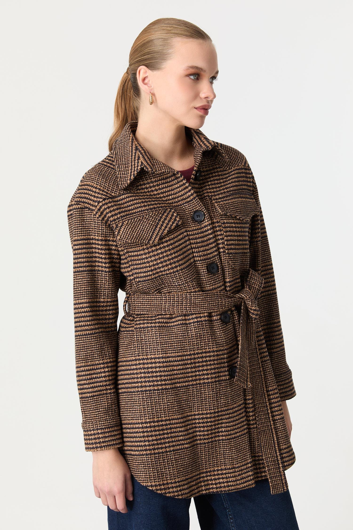 Kuşak Detaylı Ekose Ceket-TABA