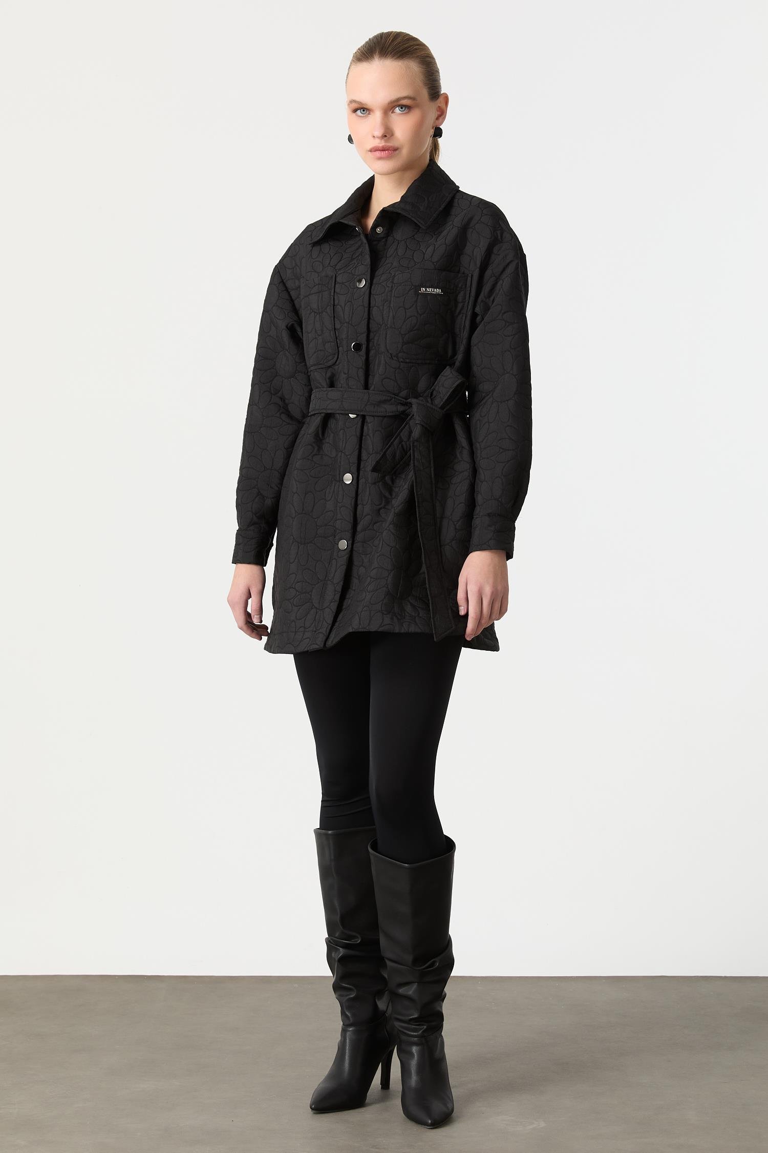 Kuşak Detaylı Kapitone Ceket-SİYAH