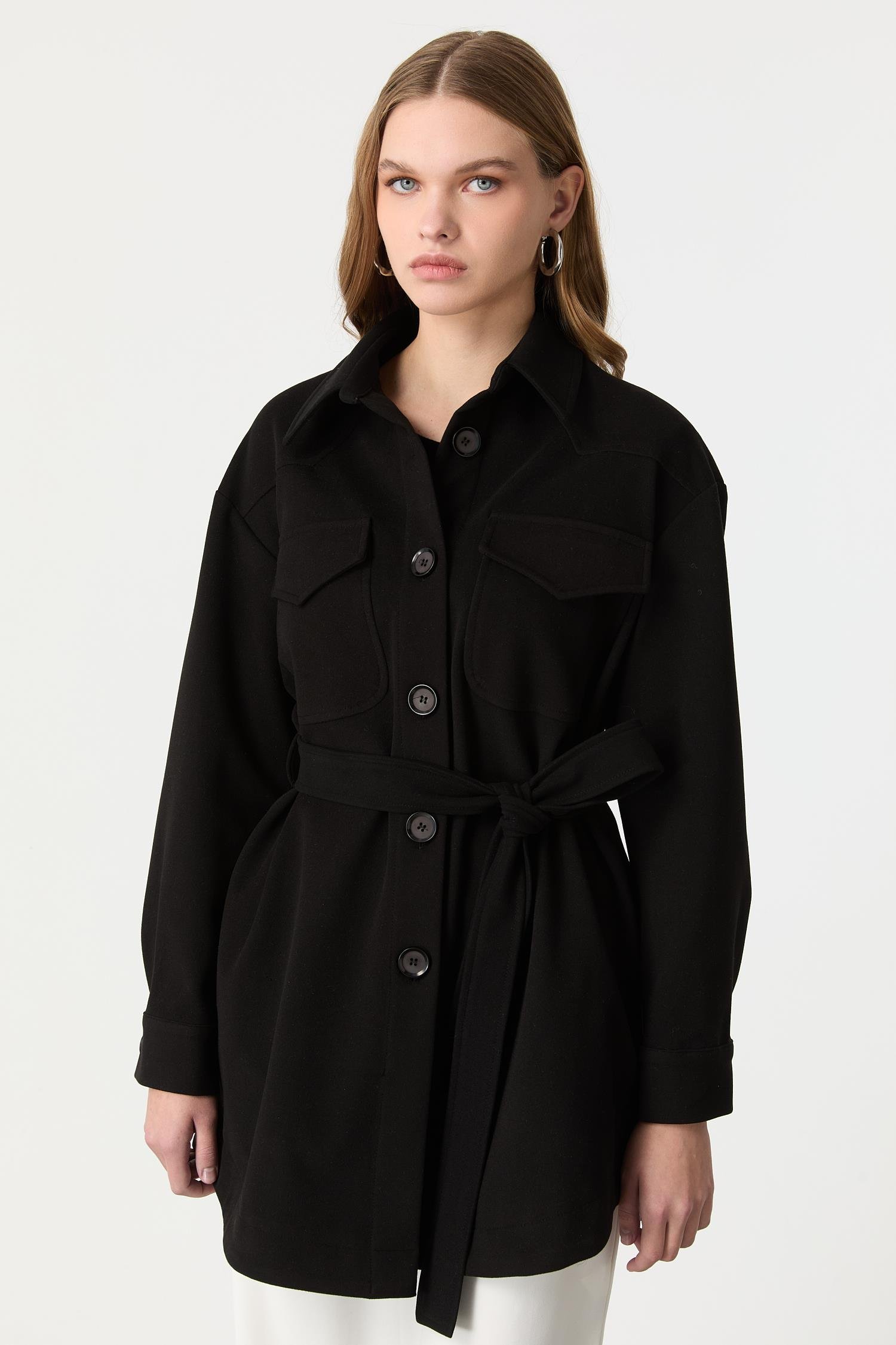 Kuşak Detaylı Kaşe Ceket-SİYAH