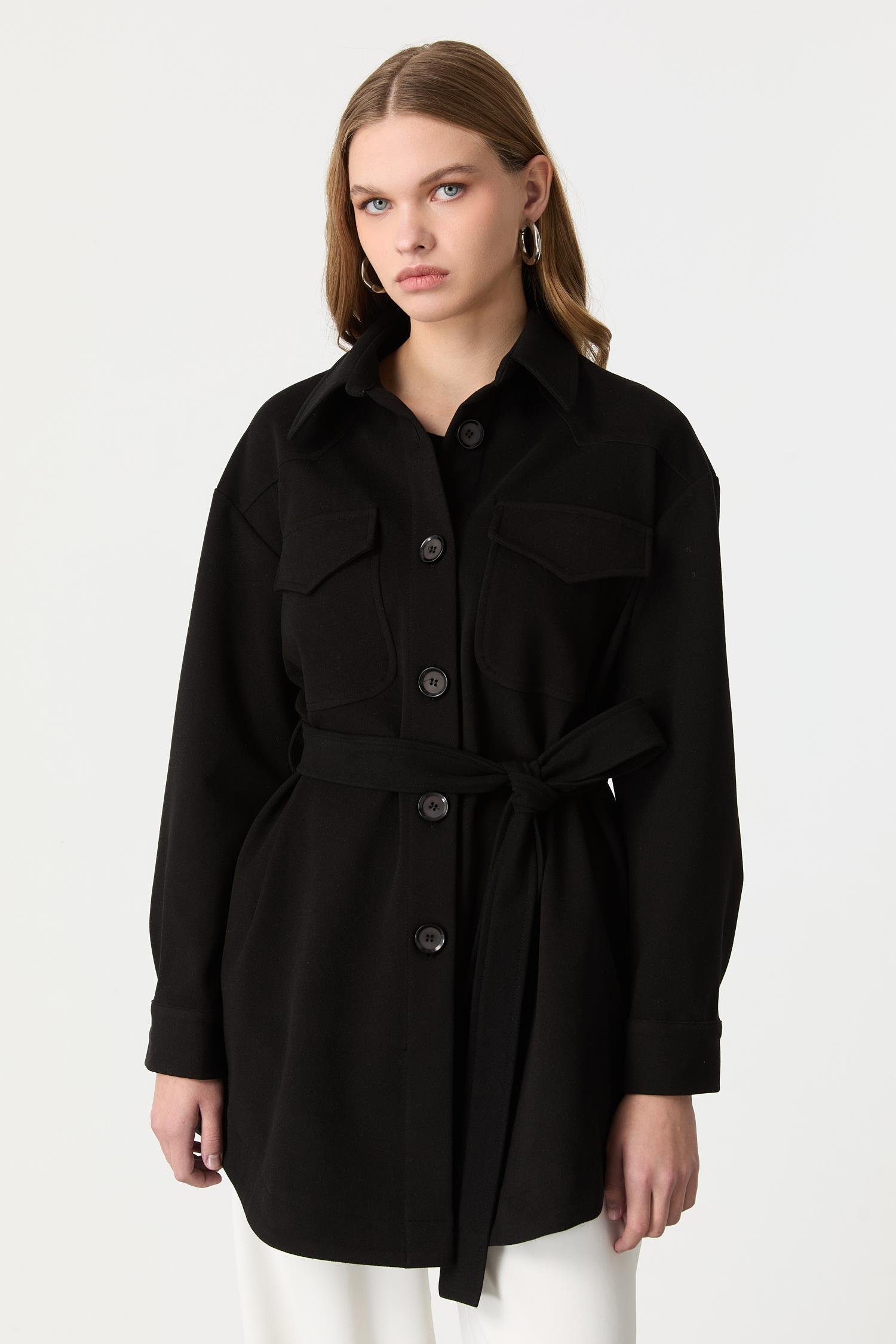 Kuşak Detaylı Kaşe Ceket-SİYAH