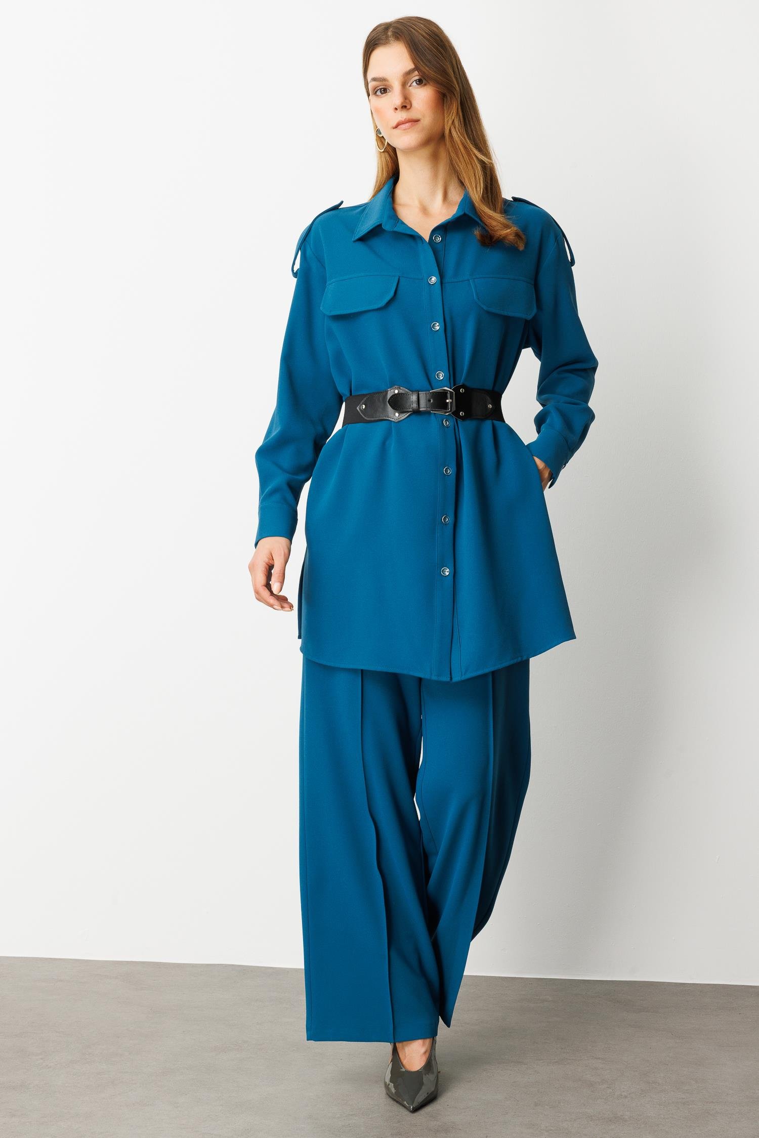 Lastik Kemer Detaylı Krep Tunik Gömlek-PETROL