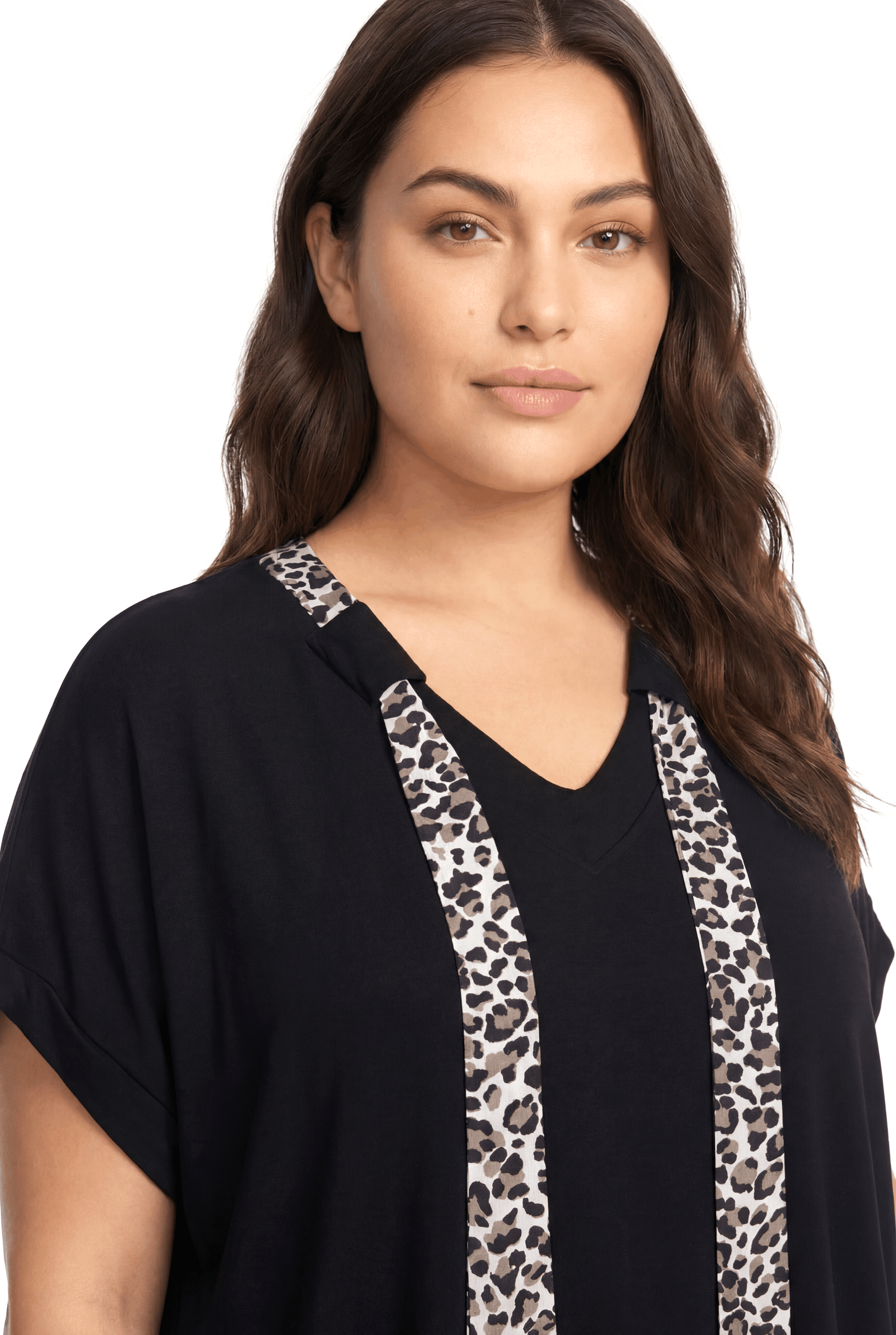 Leopar Şal Detaylı Penye Bluz-SİYAH