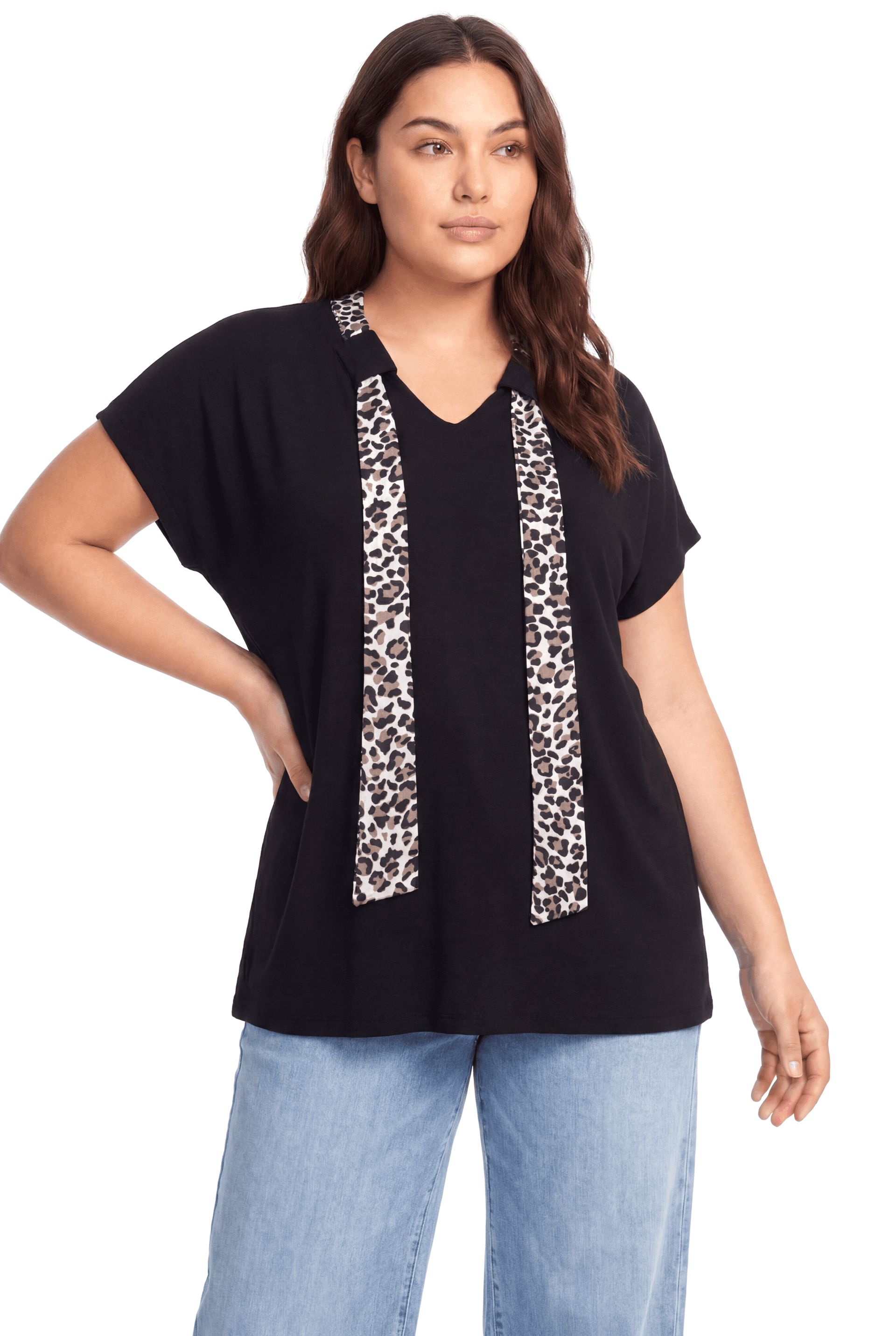 Leopar Şal Detaylı Penye Bluz-SİYAH