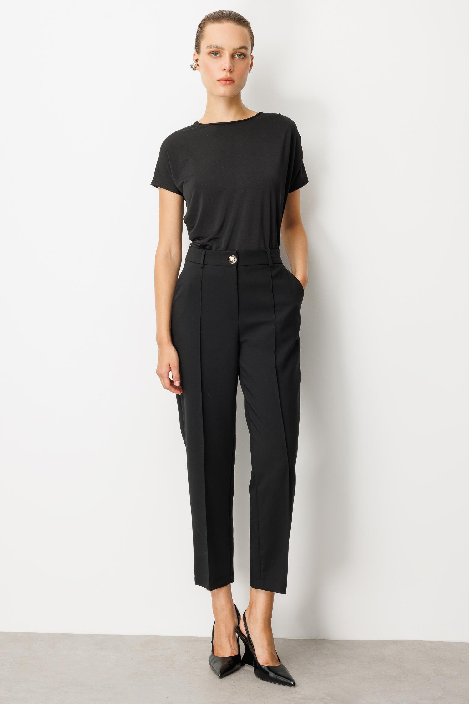 Nervürlü Kumaş Pantolon-SİYAH