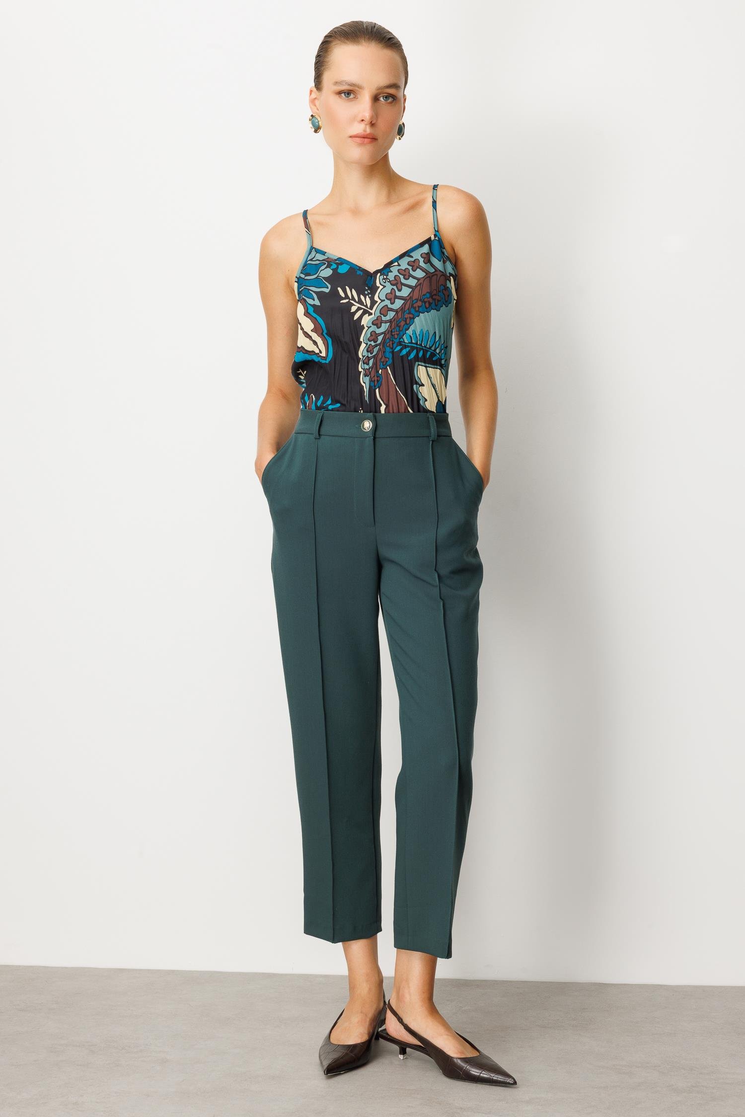 Nervürlü Kumaş Pantolon-YEŞİL