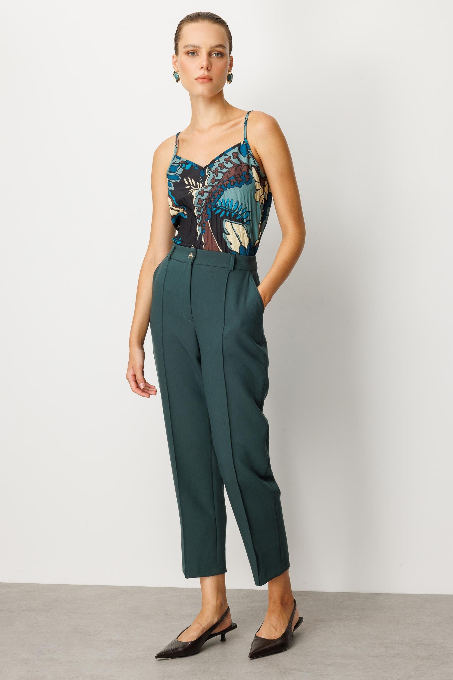 Nervürlü Kumaş Pantolon-YEŞİL