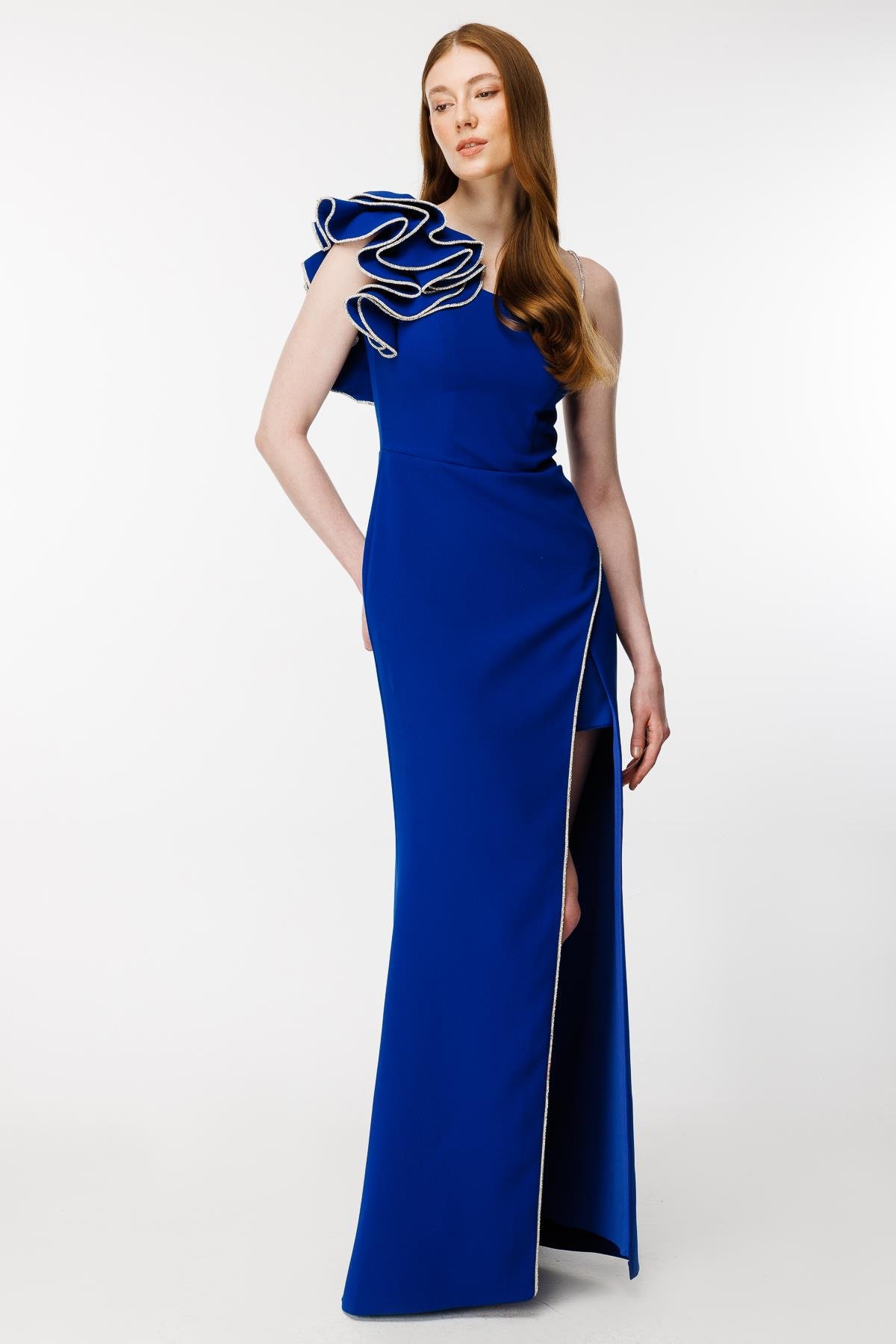 Omuz Ve Eteği Taş İşlemeli Krep Abiye-SAX