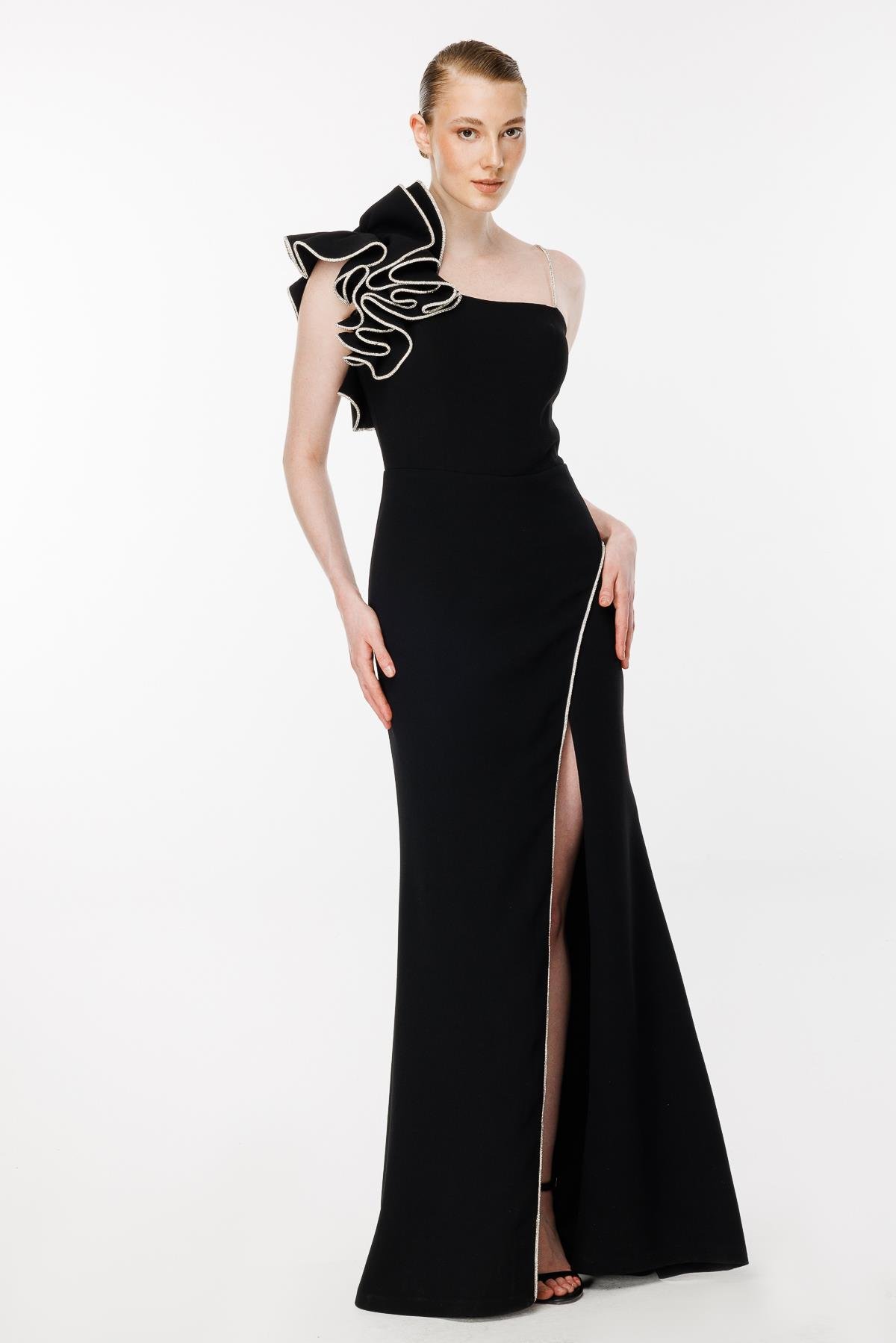 Omuz Ve Eteği Taş İşlemeli Krep Abiye-SİYAH