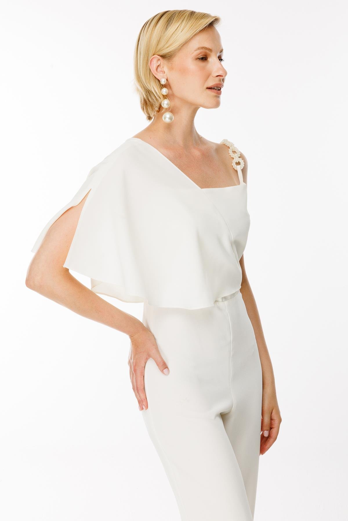 Önü Asimetrik Kesim Tek Omuz Boncuklu Tulum-KEMIK