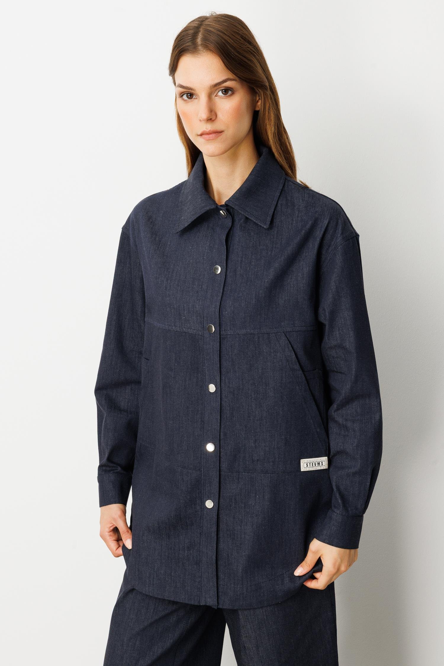 Önü Cep Detay Pamuklu Kot Gömlek-LACI