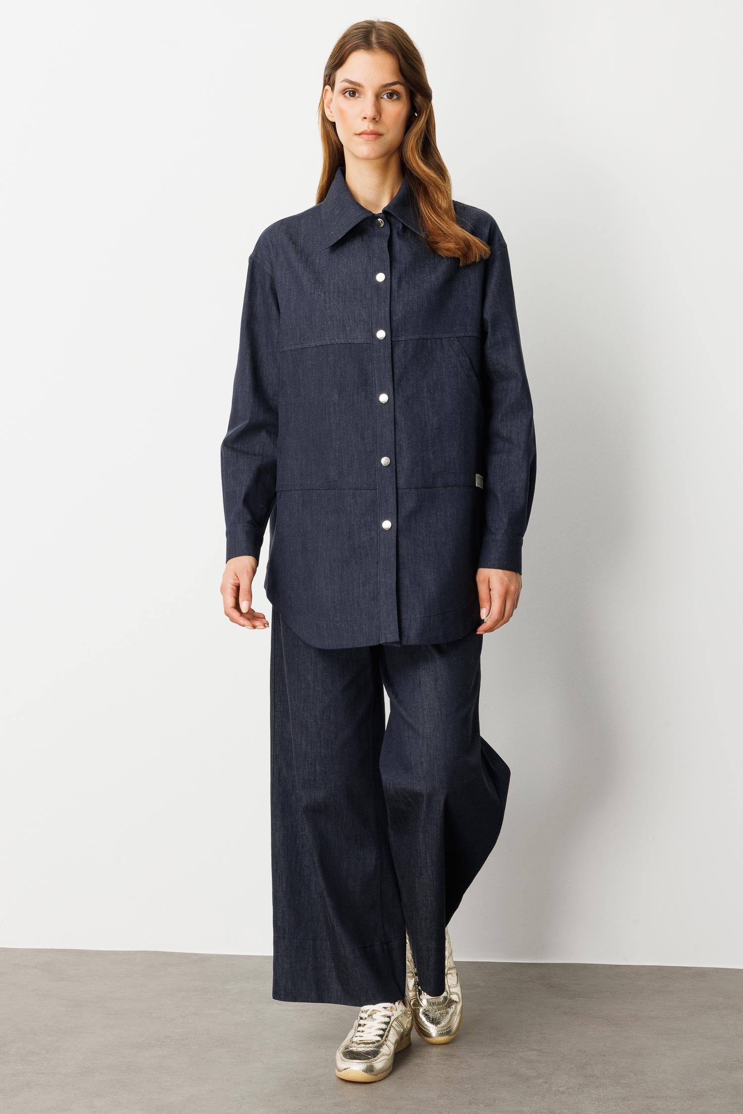 Önü Cep Detay Pamuklu Kot Gömlek-LACI