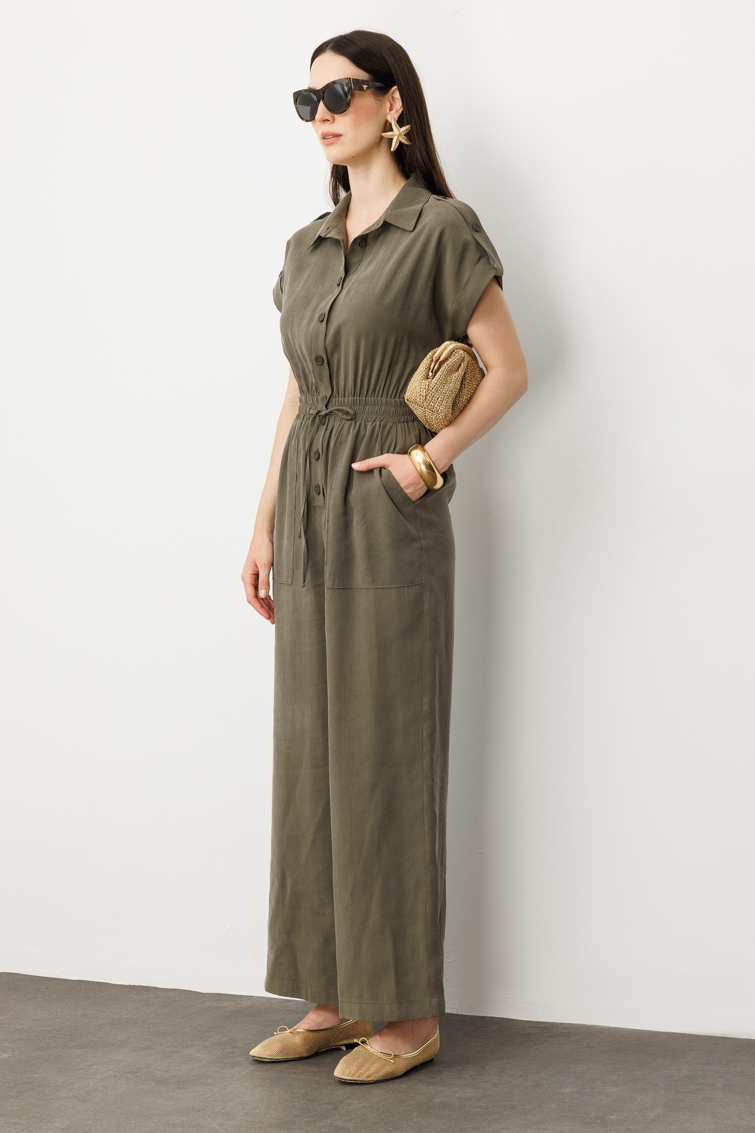 Önü Düğmeli Kısa Kol Tulum-HAKİ