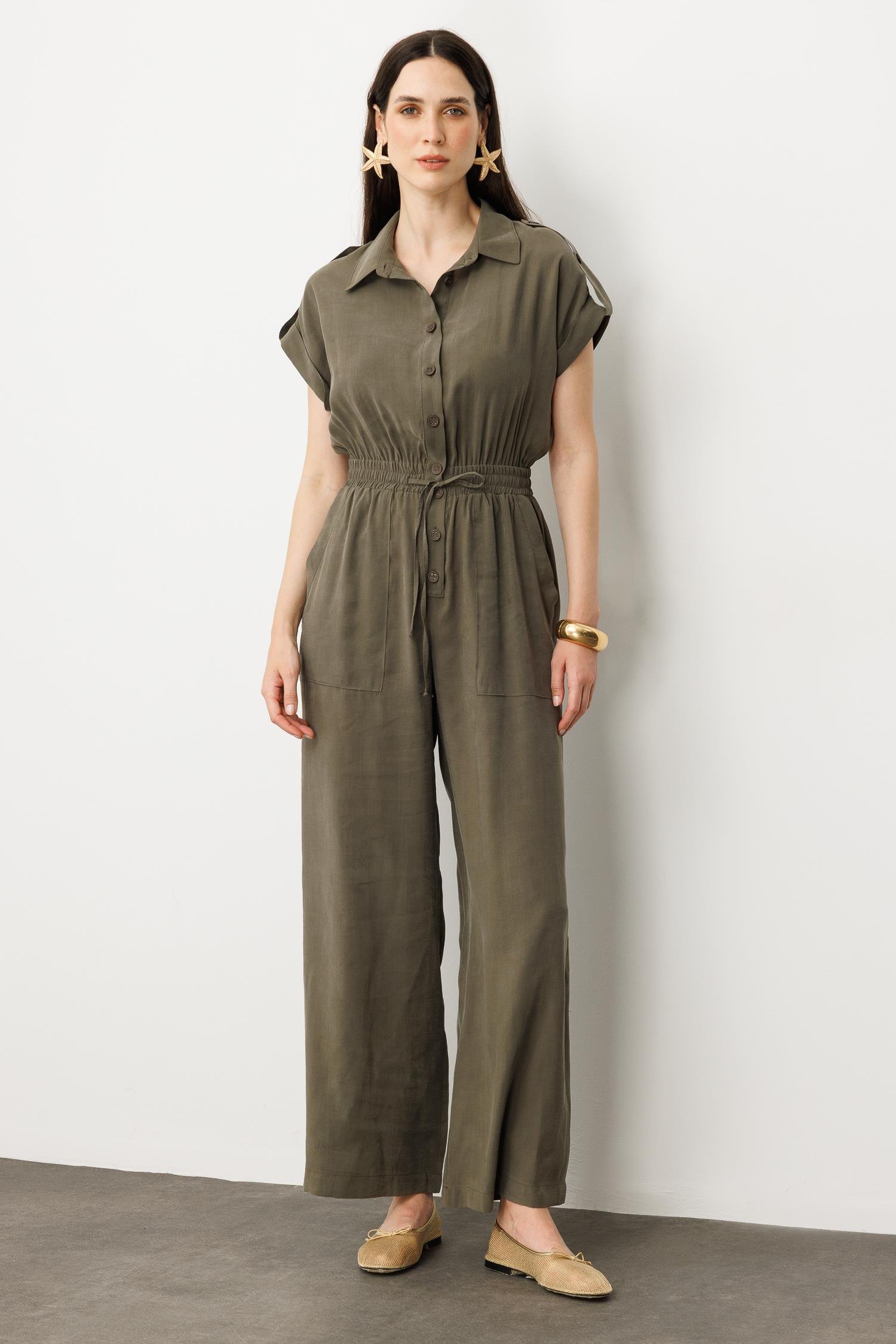 Önü Düğmeli Kısa Kol Tulum-HAKİ