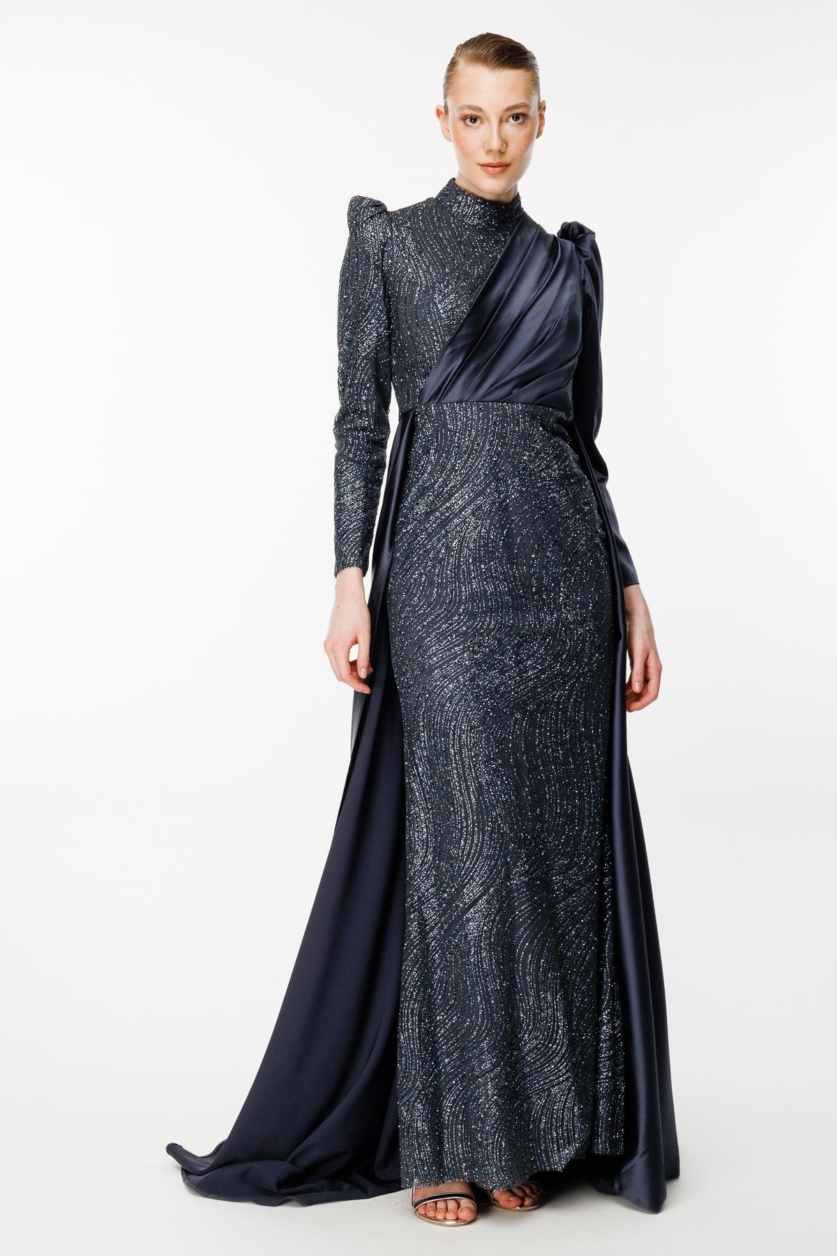 Önü Taş İşlemeli Saten Uzun Abiye-ANTRASİT