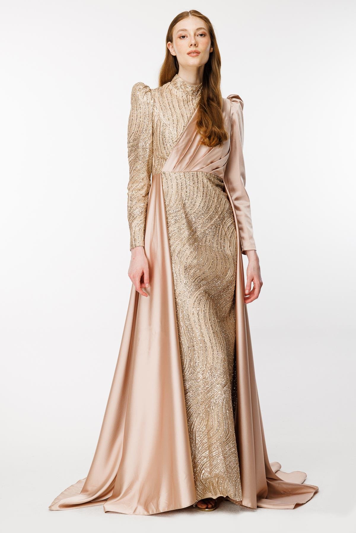 Önü Taş İşlemeli Saten Uzun Abiye-GOLD