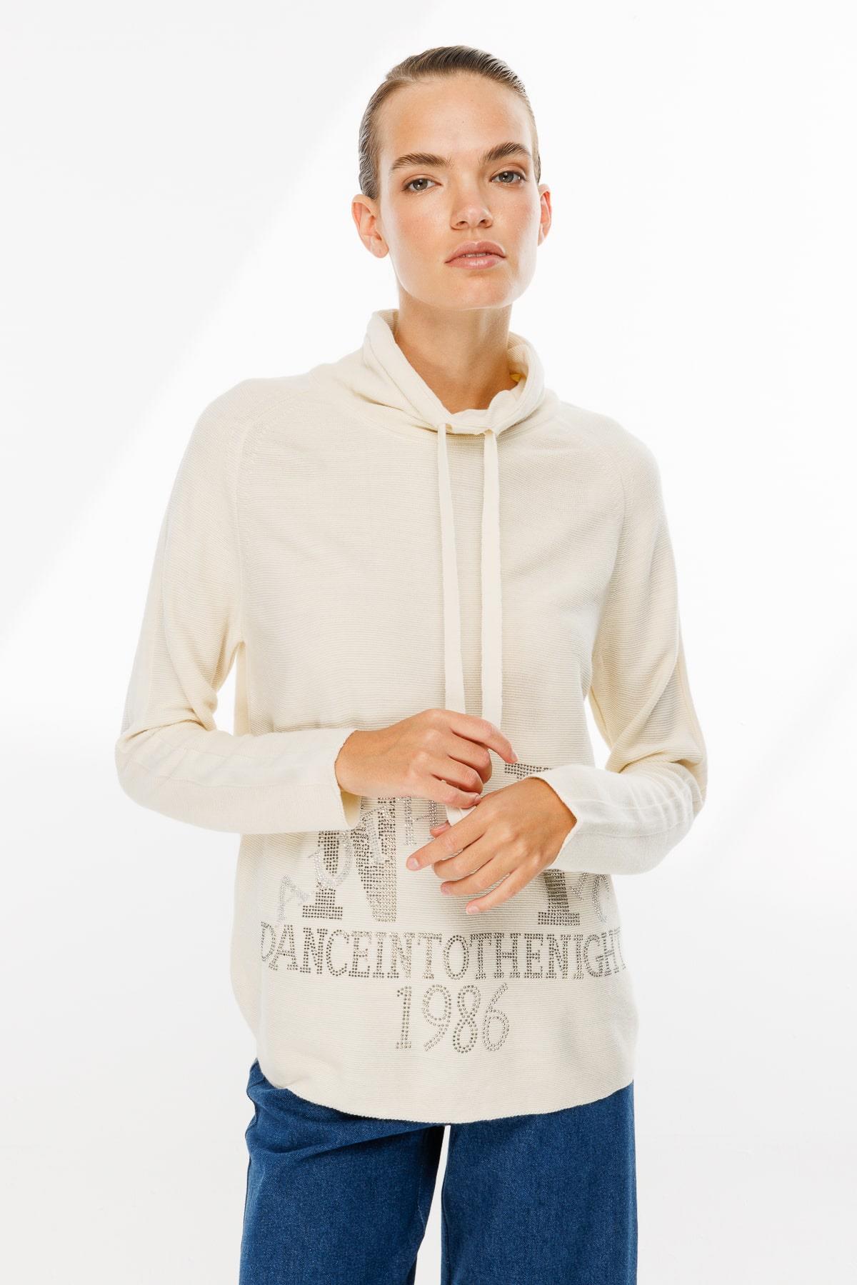 Önü Taşlı Yazı Baskılı Triko Sweat-KEMIK