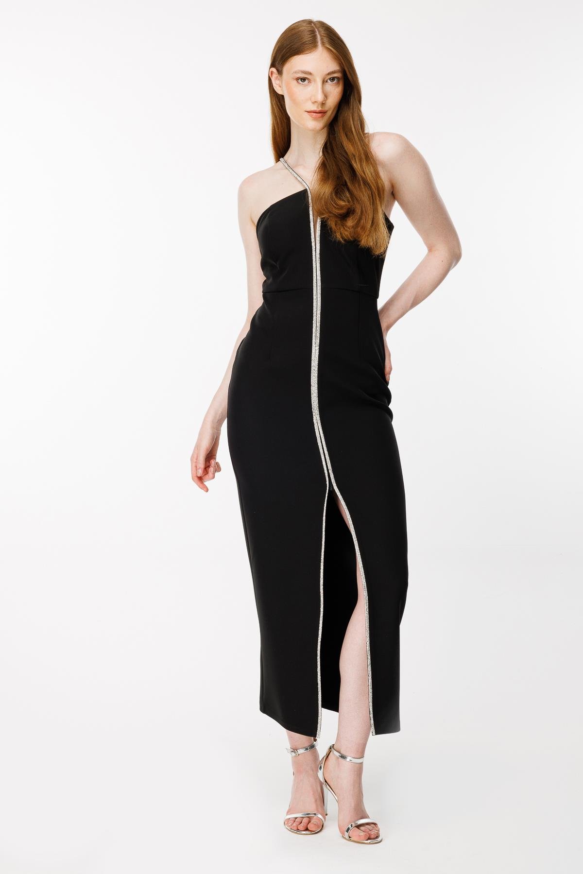 Önü Yırtmaçlı Krep Abiye-SİYAH