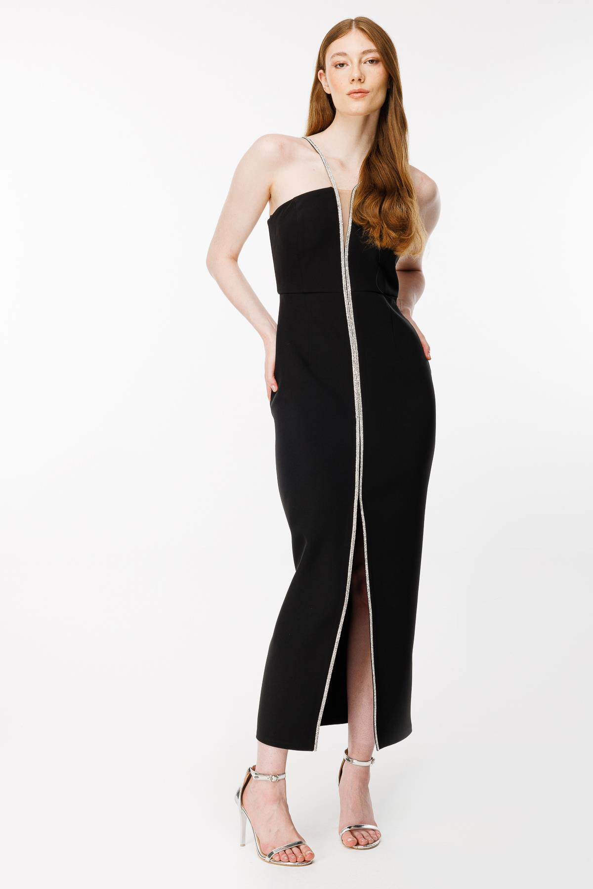 Önü Yırtmaçlı Krep Abiye-SİYAH