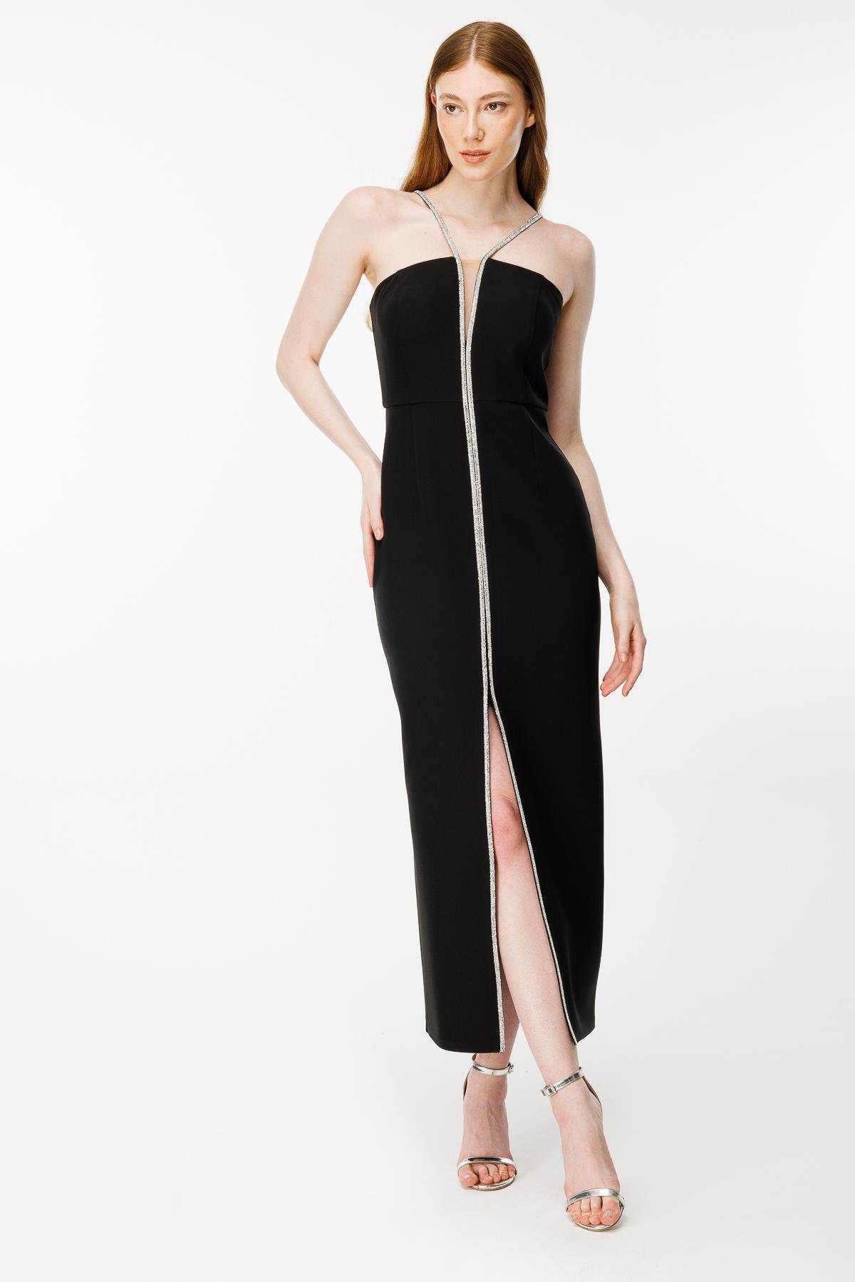 Önü Yırtmaçlı Krep Abiye-SİYAH