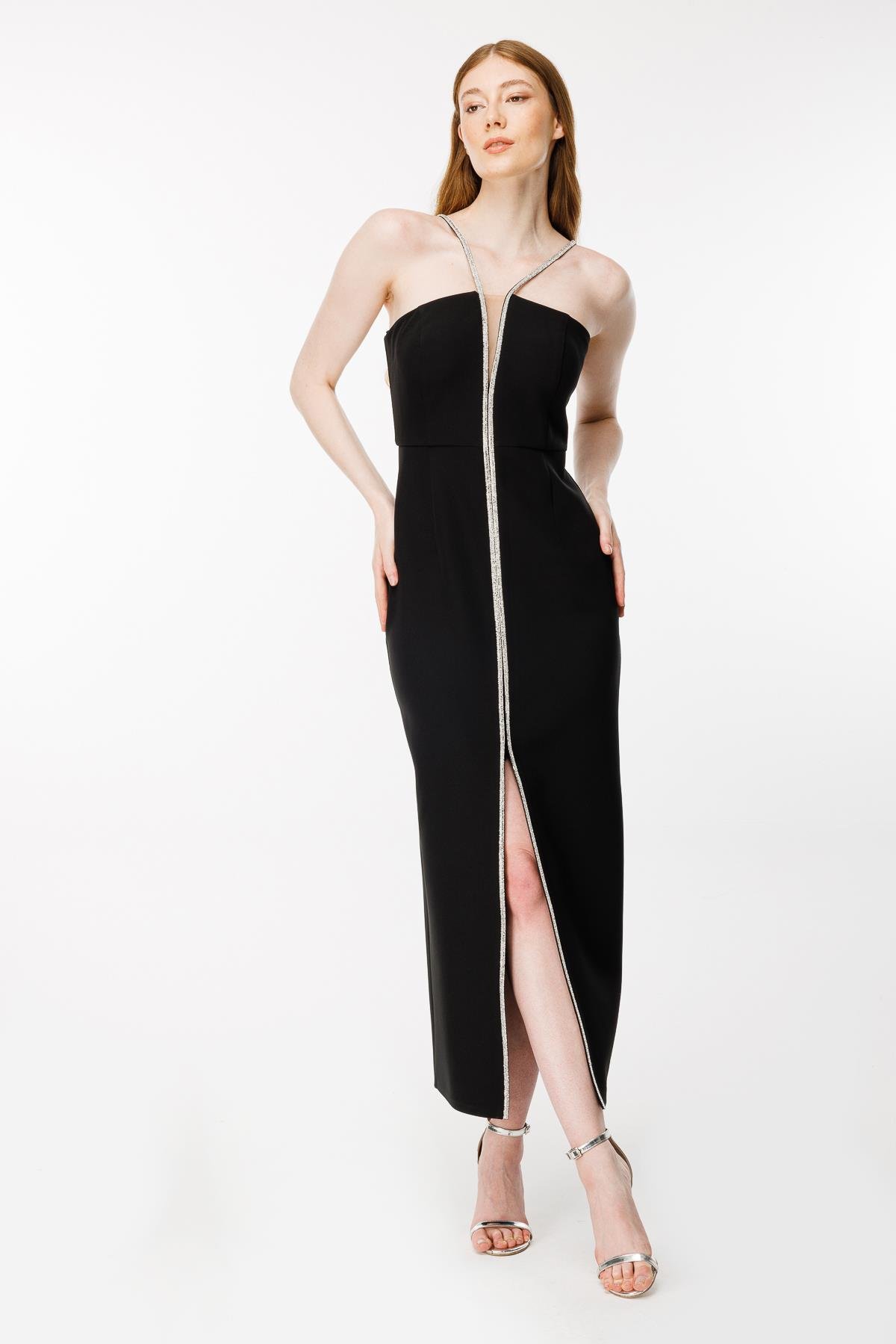 Önü Yırtmaçlı Krep Abiye-SİYAH