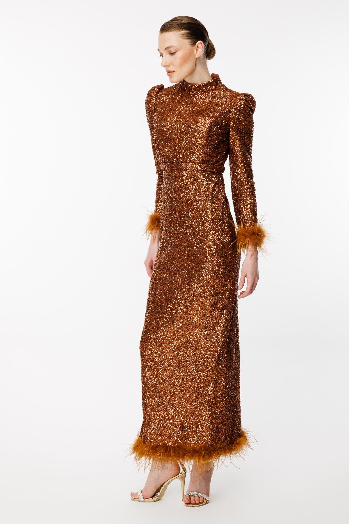 Otriş Detaylı Payet Uzun Abiye-BAKIR