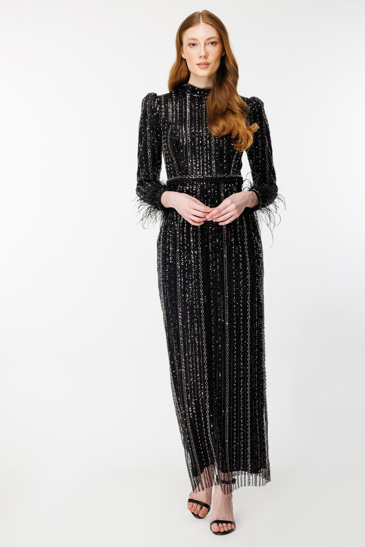 Otriş Detaylı Pul İşlemeli Kalem Abiye-SİYAH