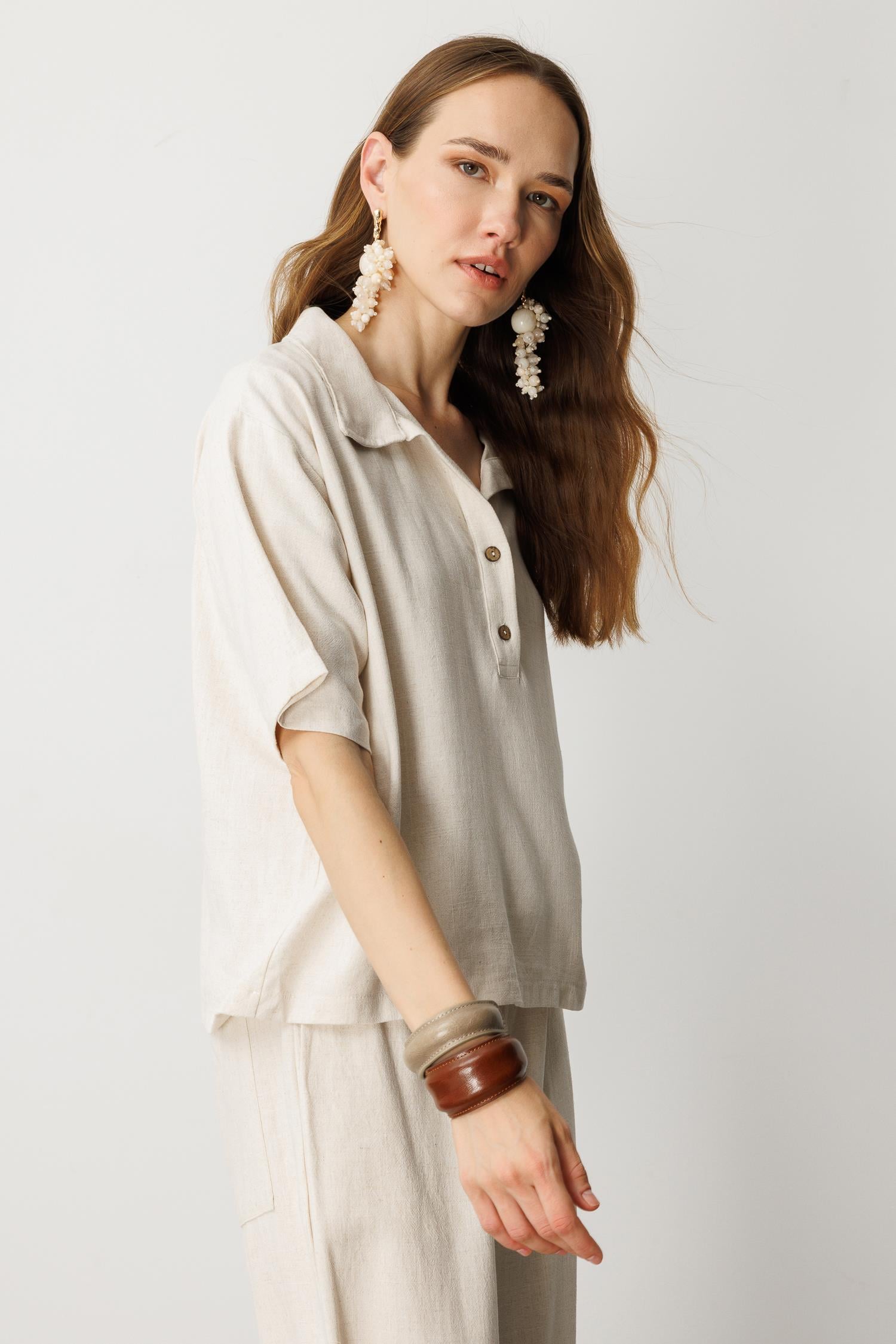Oversize Pamuklu Keten Bluz-KREM