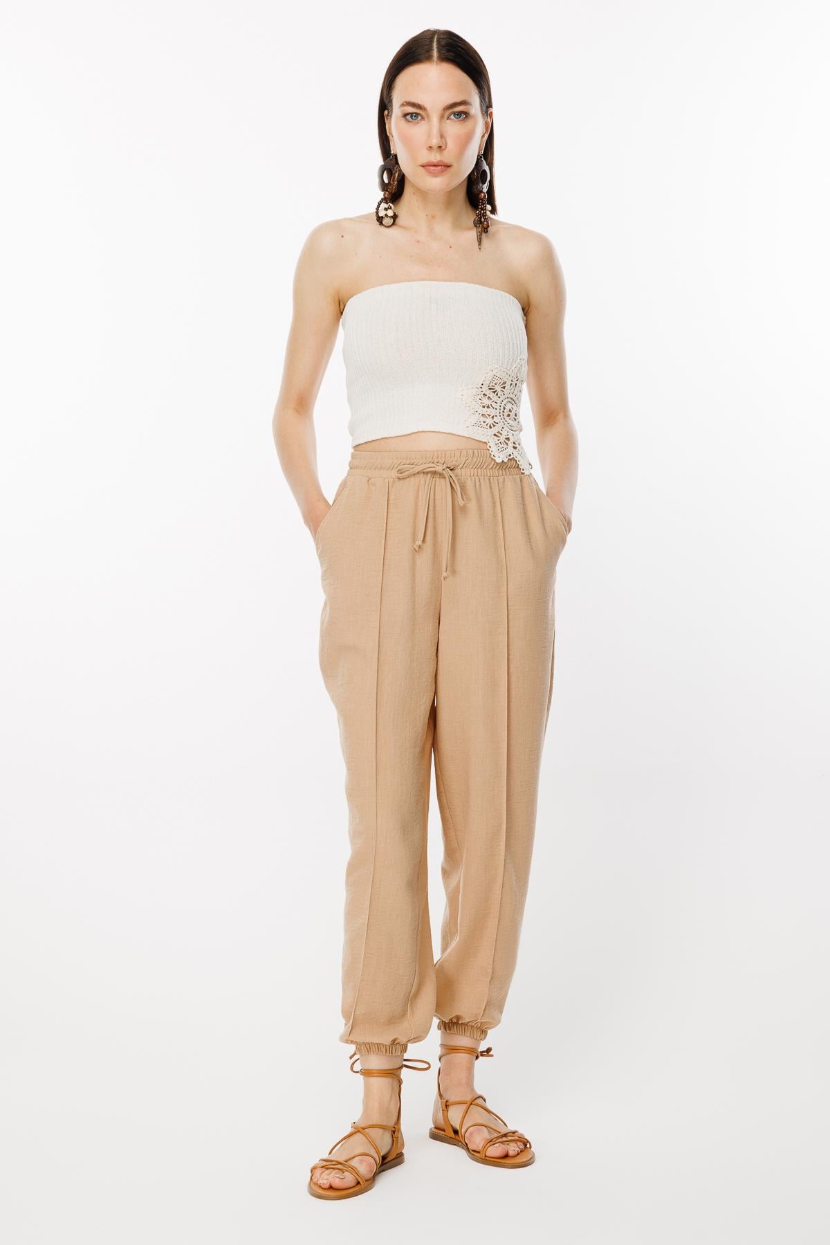 Paçası Lastikli Nervür Detaylı Keten Pantolon-CAMEL