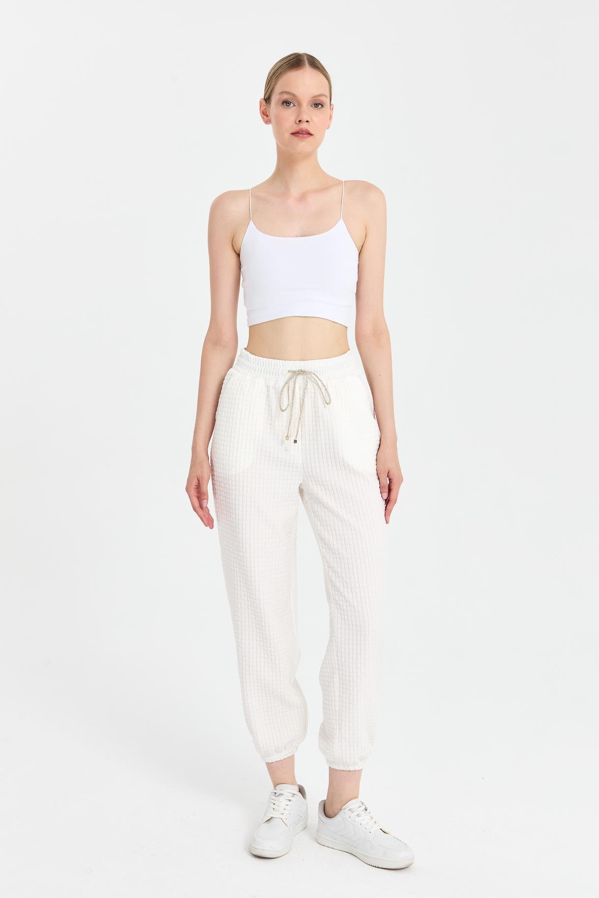 Paçası ve Beli Lastikli Dokulu Pantolon-KEMIK