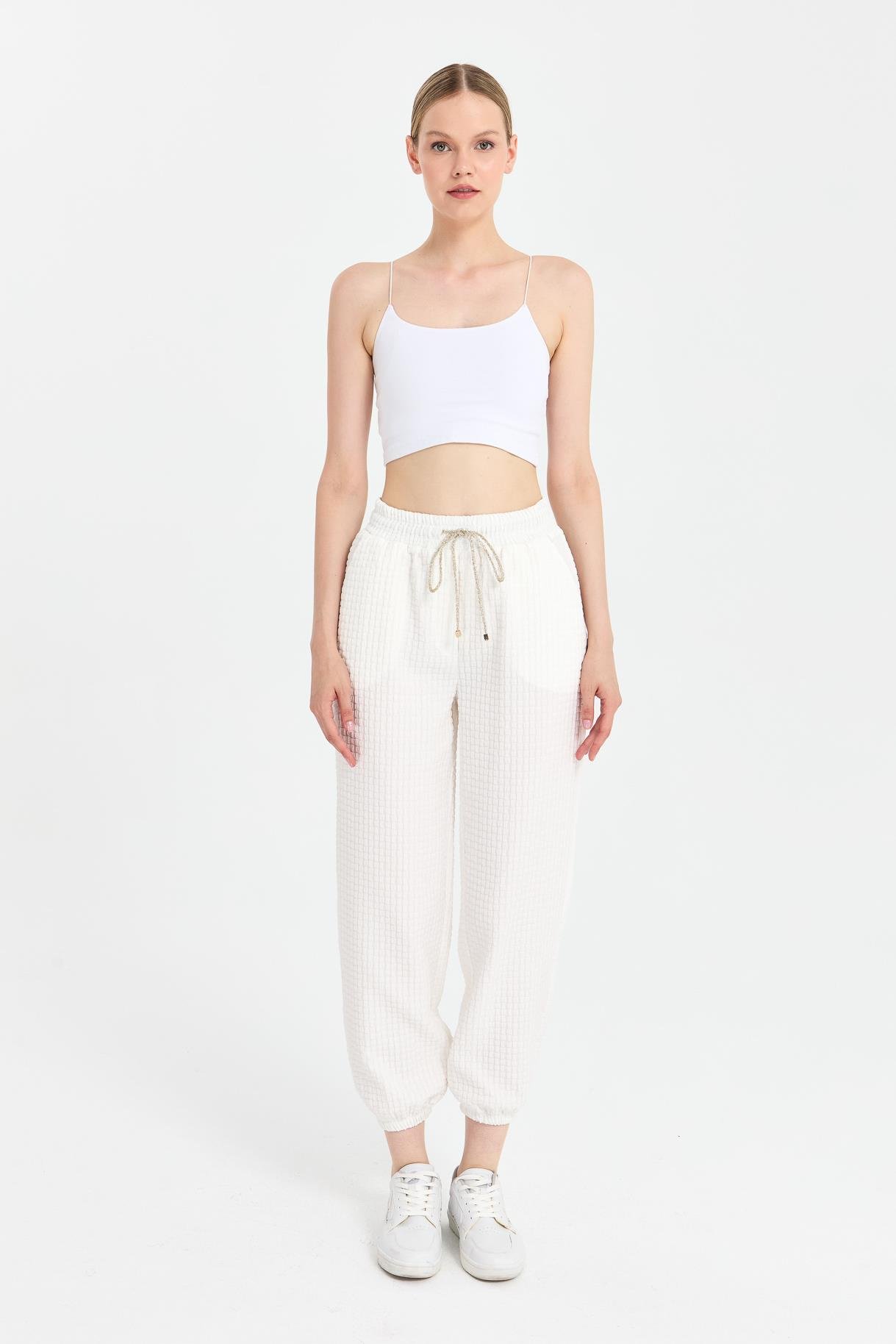 Paçası ve Beli Lastikli Dokulu Pantolon-KEMIK