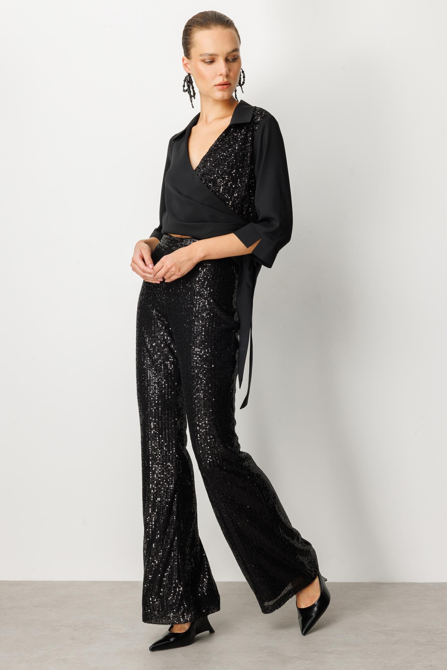 Payetli Bol Paça Pantolon-SİYAH
