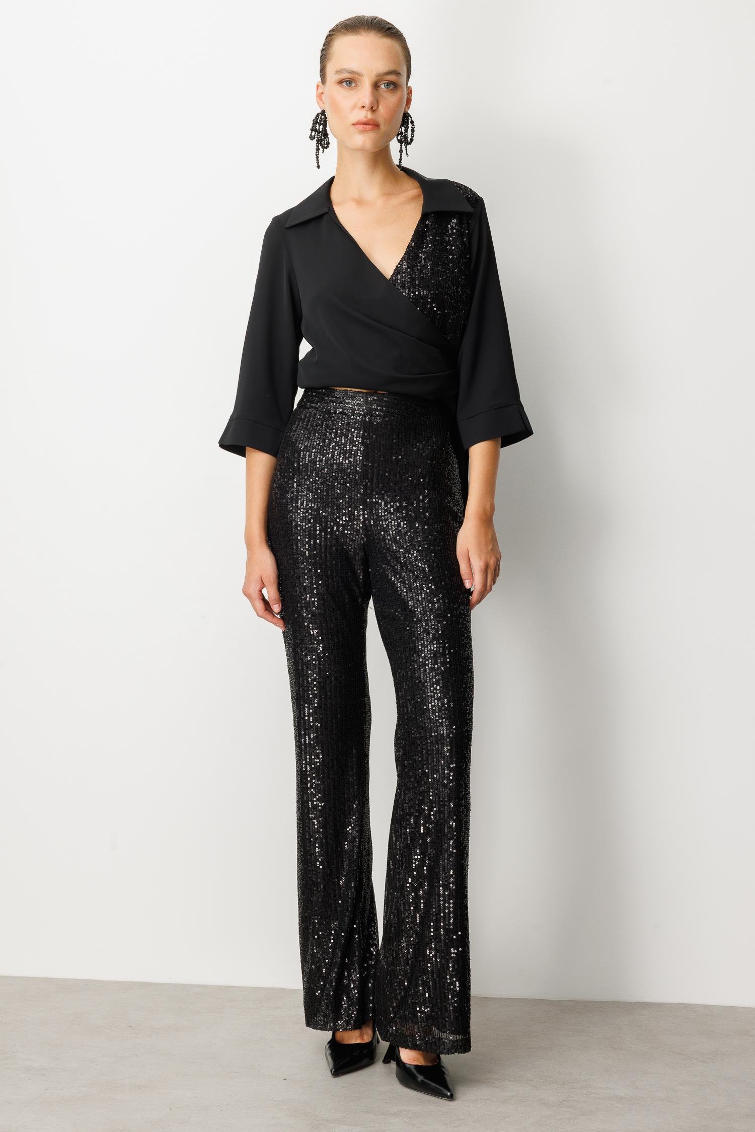 Payetli Bol Paça Pantolon-SİYAH