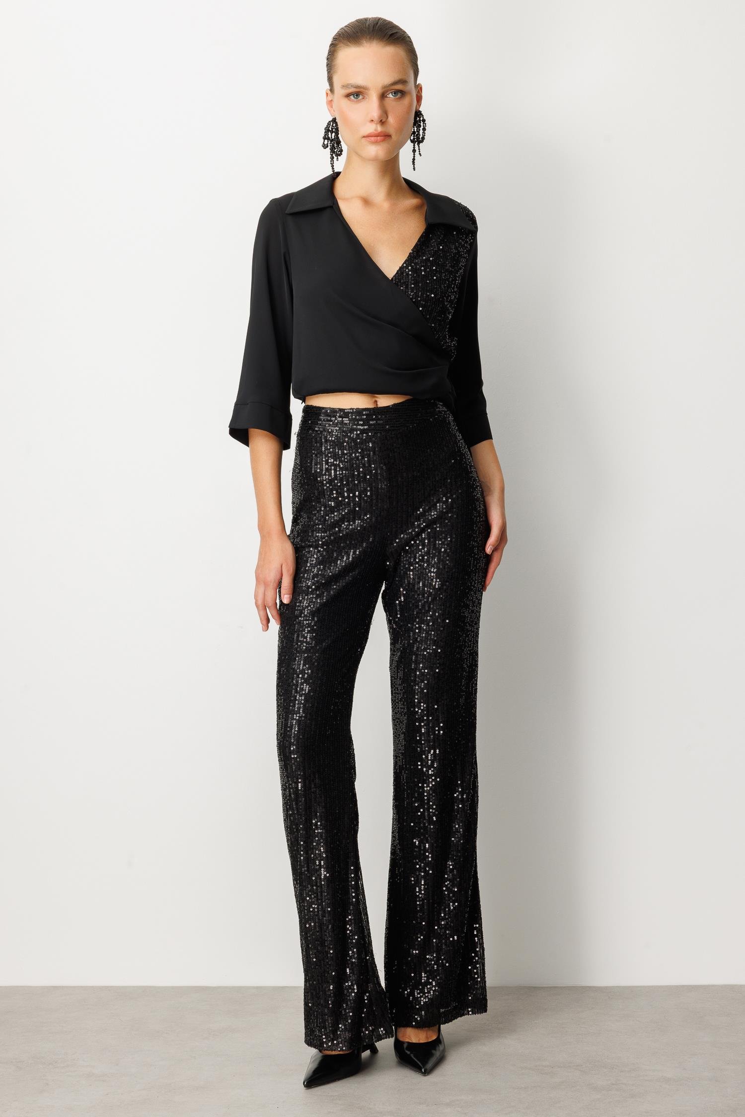 Payetli Bol Paça Pantolon-SİYAH