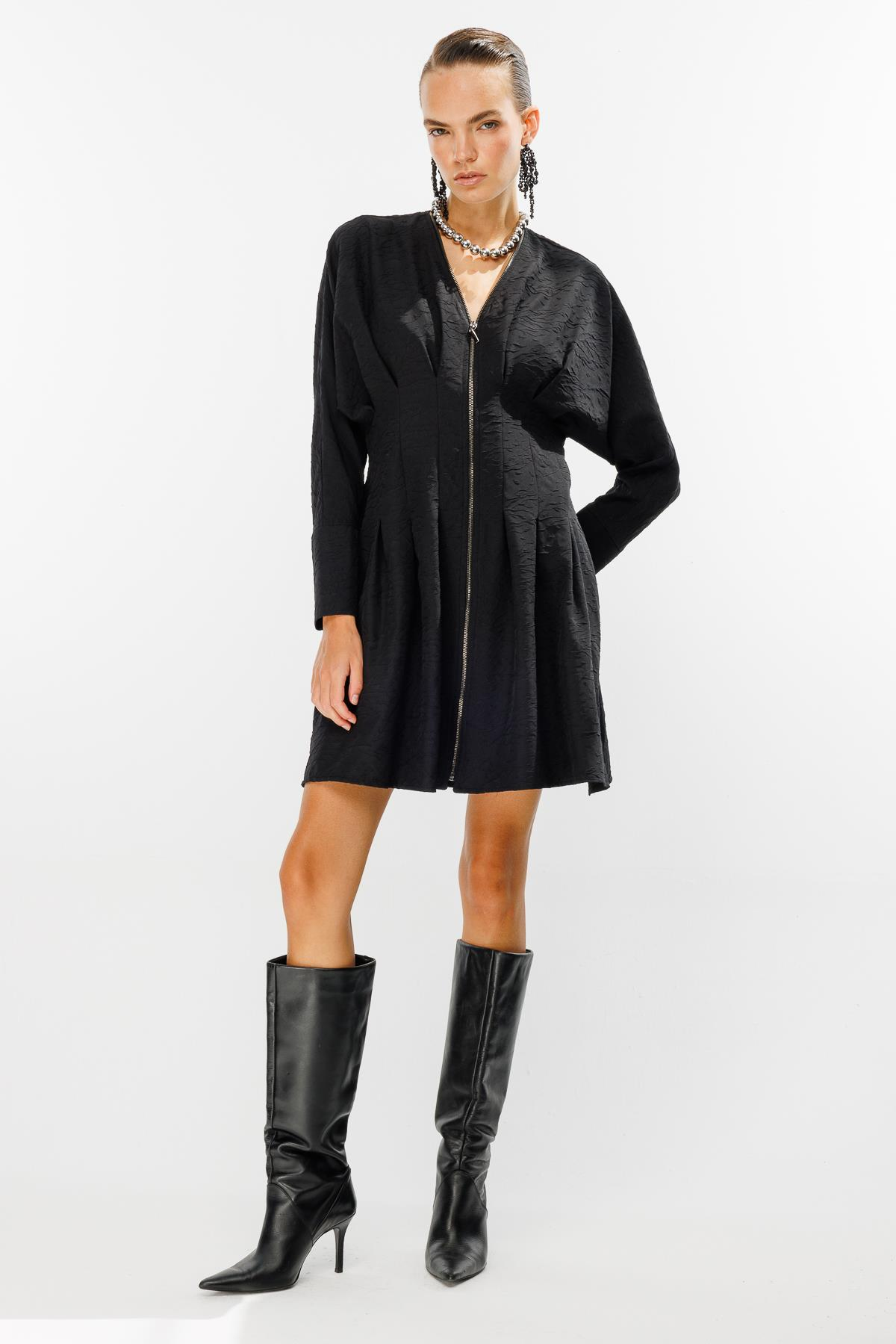 Pensli Fermuarlı Elbise-SİYAH