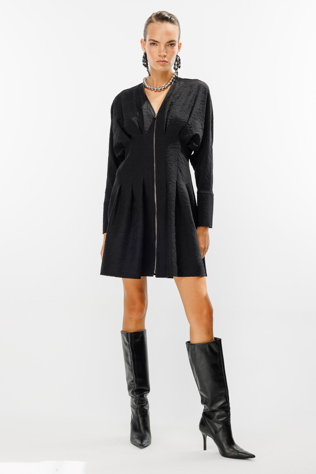 Pensli Fermuarlı Elbise-SİYAH